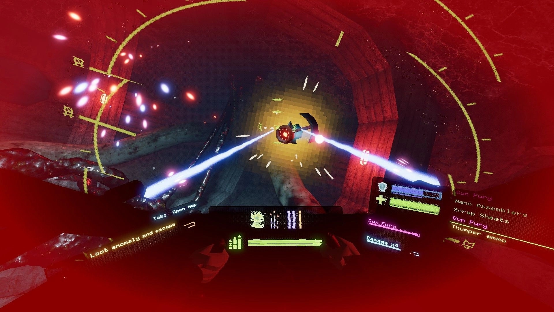 Liha: First-person combat with enemy drone in red anomaly-warped tunnel, UI showing health and ammo.