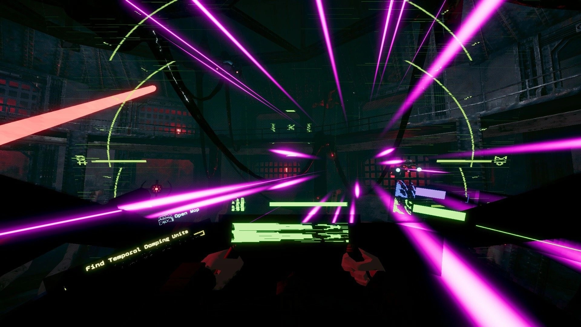 Liha: Pilot cockpit view with neon laser beams and HUD elements in a dark, derelict space station
