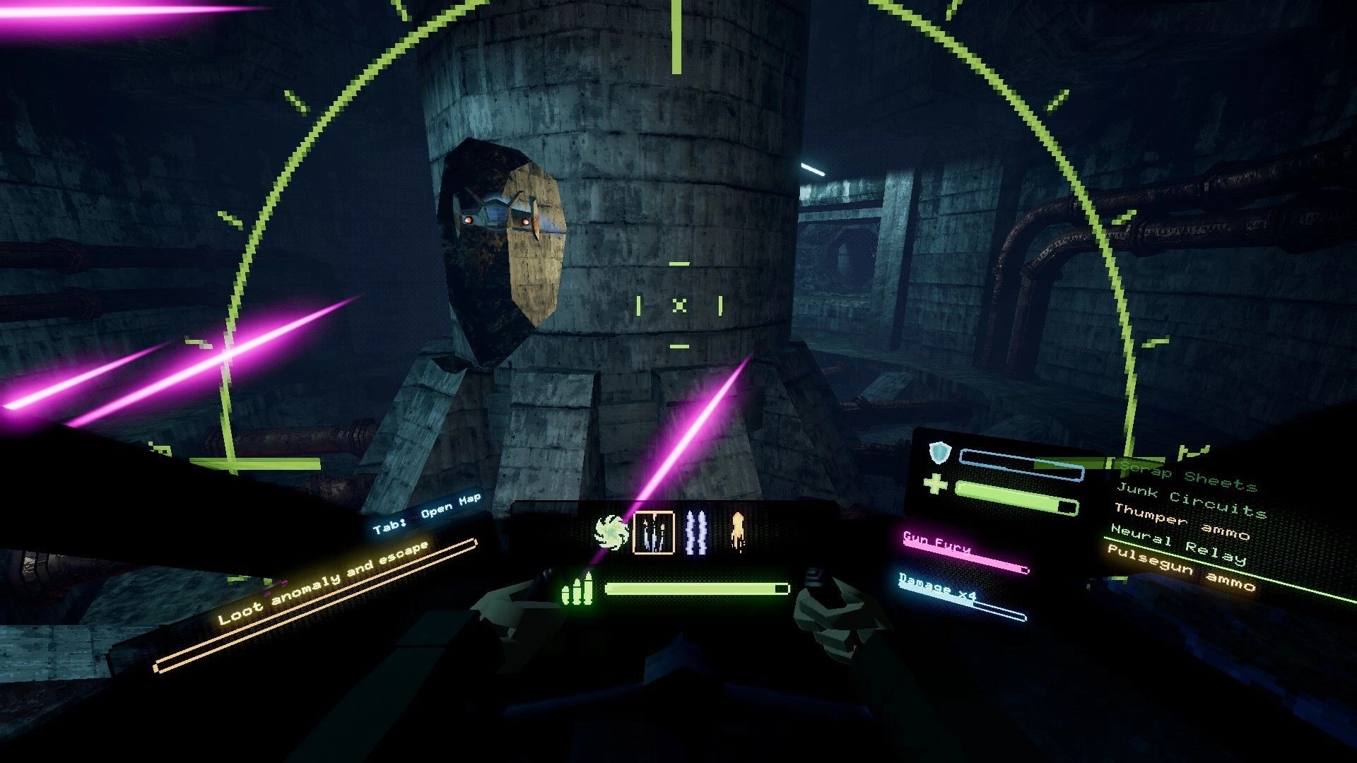 Liha: Cockpit view with UI showing ammo and loot options in a dark, derelict space station environment.