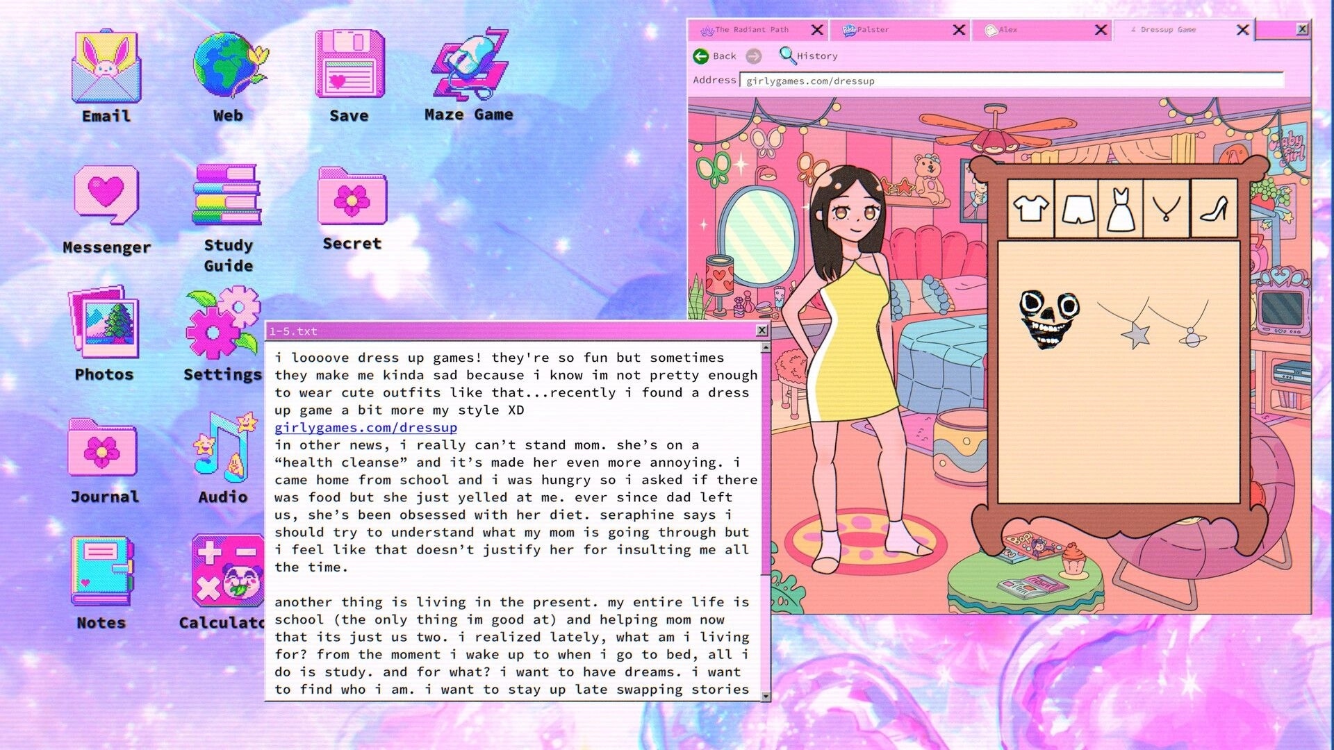 lily’s world XD: Desktop diary text beside a dress-up browser game in a pastel bedroom scene.