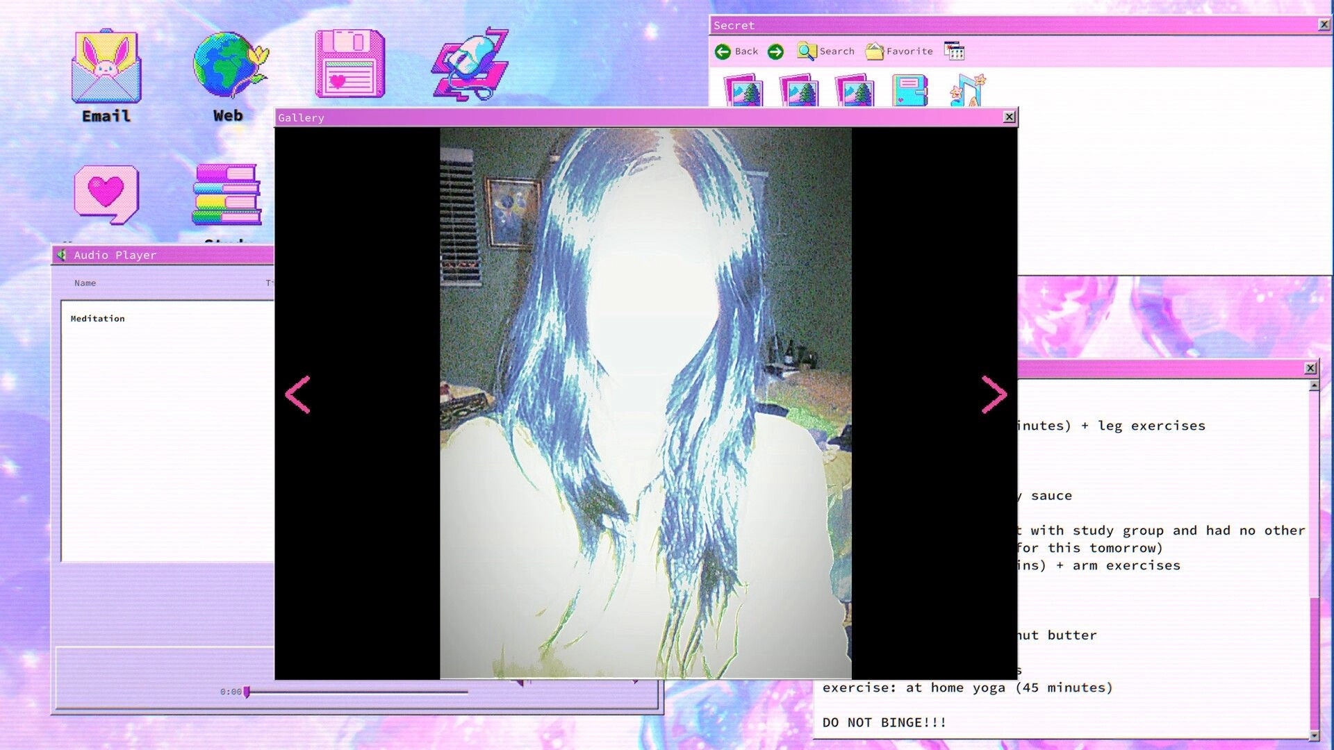 lily’s world XD: Gallery photo of a faceless girl with blue hair, on a pastel desktop with windows open.
