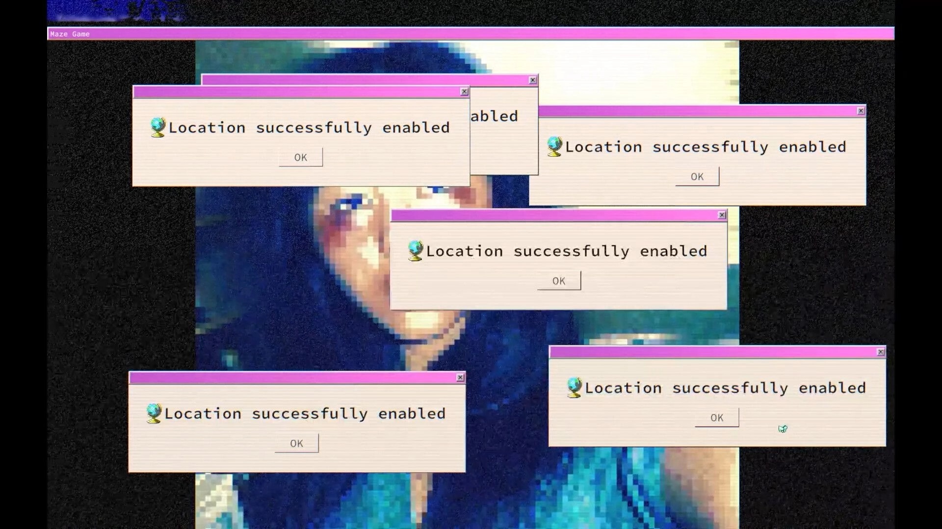 lily’s world XD: Multiple pop-up alerts say “Location successfully enabled” over a pixelated face background.