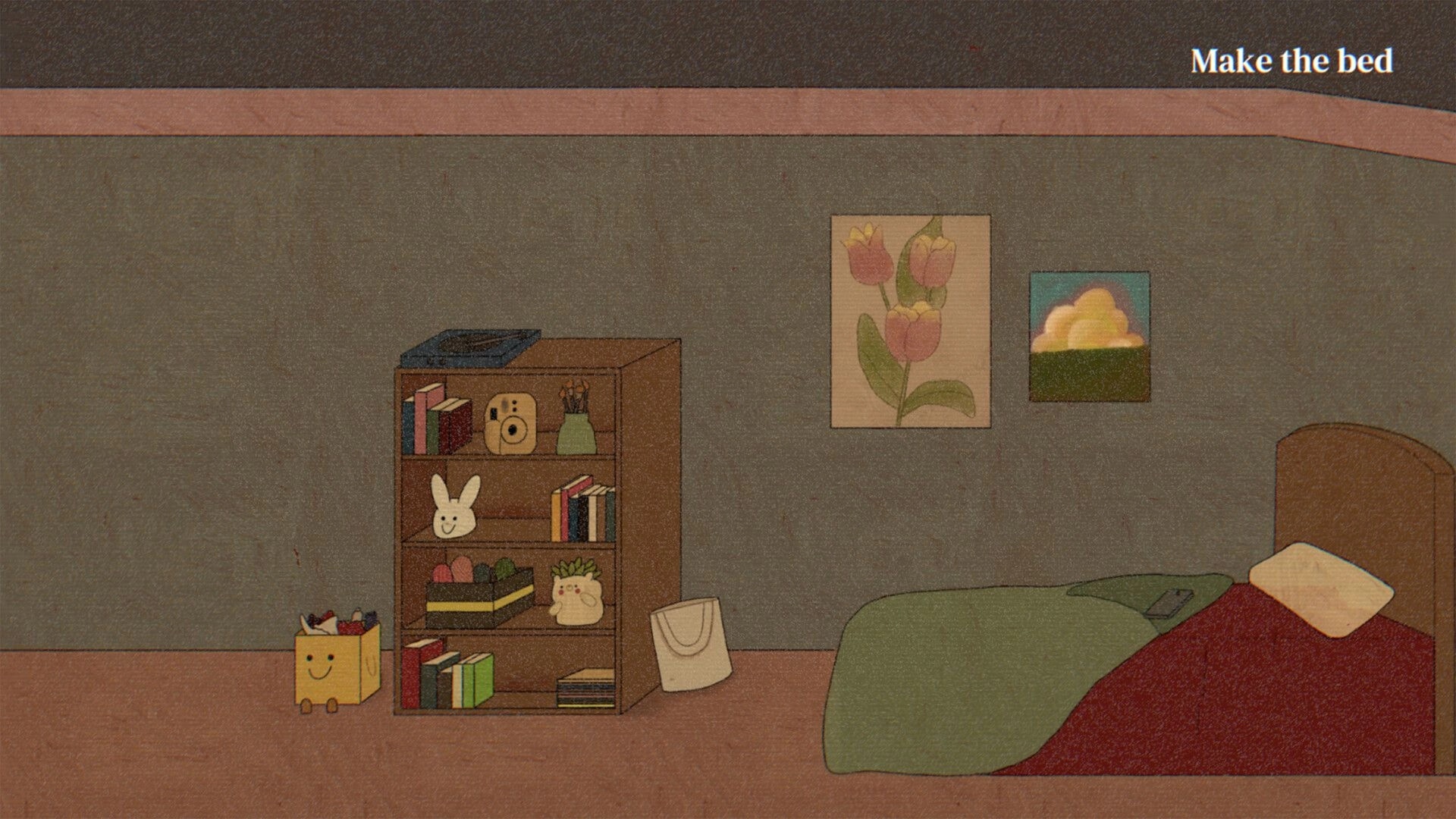 lily’s world XD: Make the bed objective over a bedroom scene with shelf, posters, and messy bed.