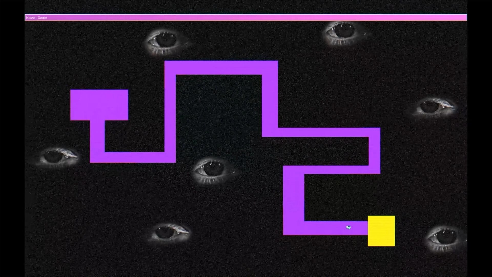 lily’s world XD: Purple maze path leading to a yellow square on a dark screen with watching eyes.