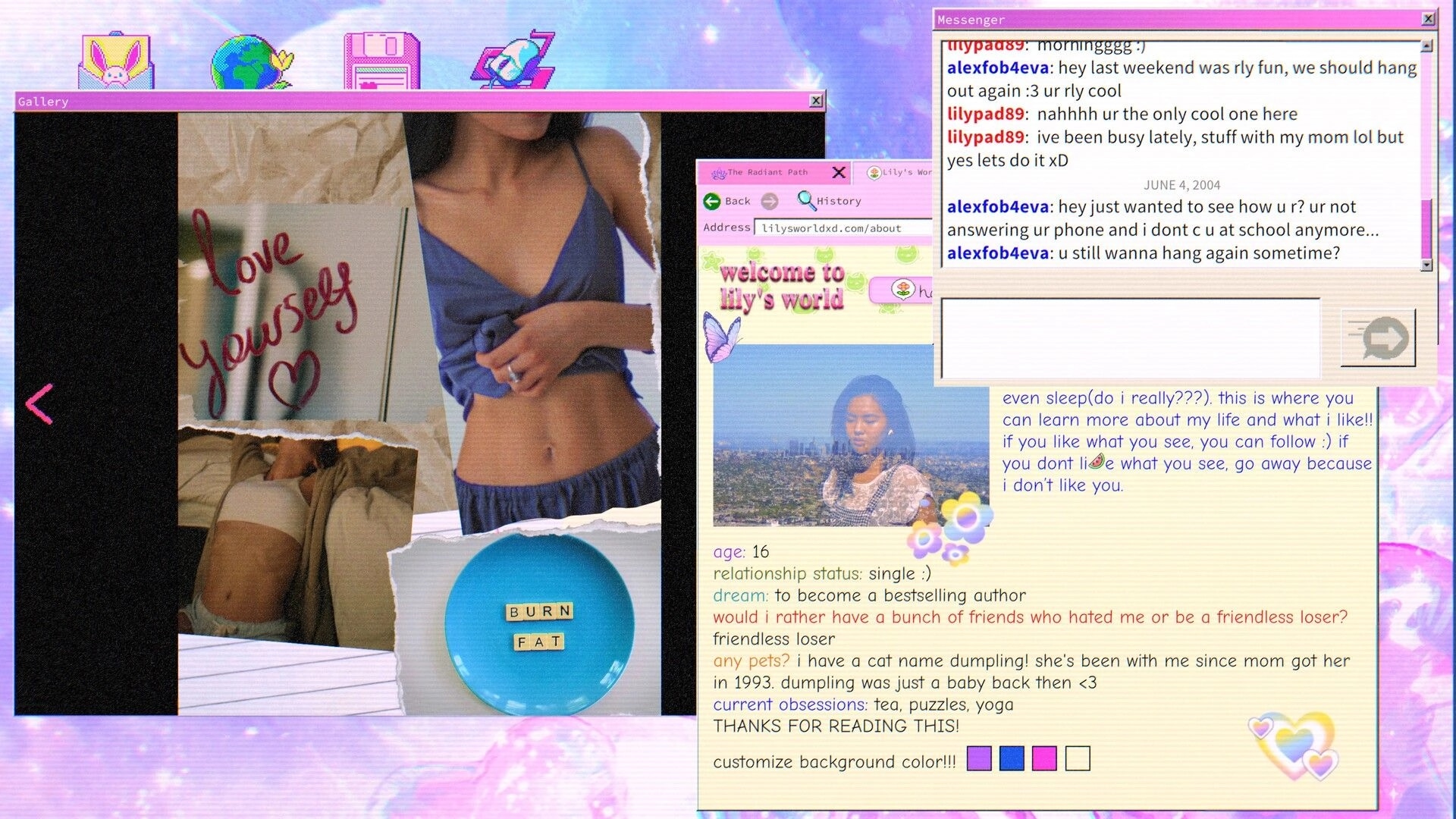 lily’s world XD: Gallery collage and chat window open beside Lily’s World profile page on desktop.