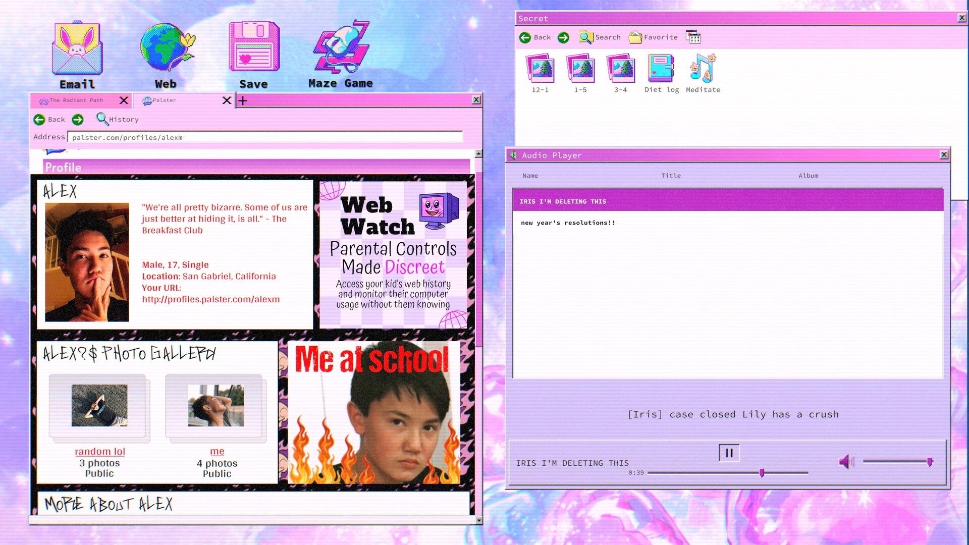lily’s world XD: Browsing Alex’s Palster profile while a Secret folder and audio player windows sit open.