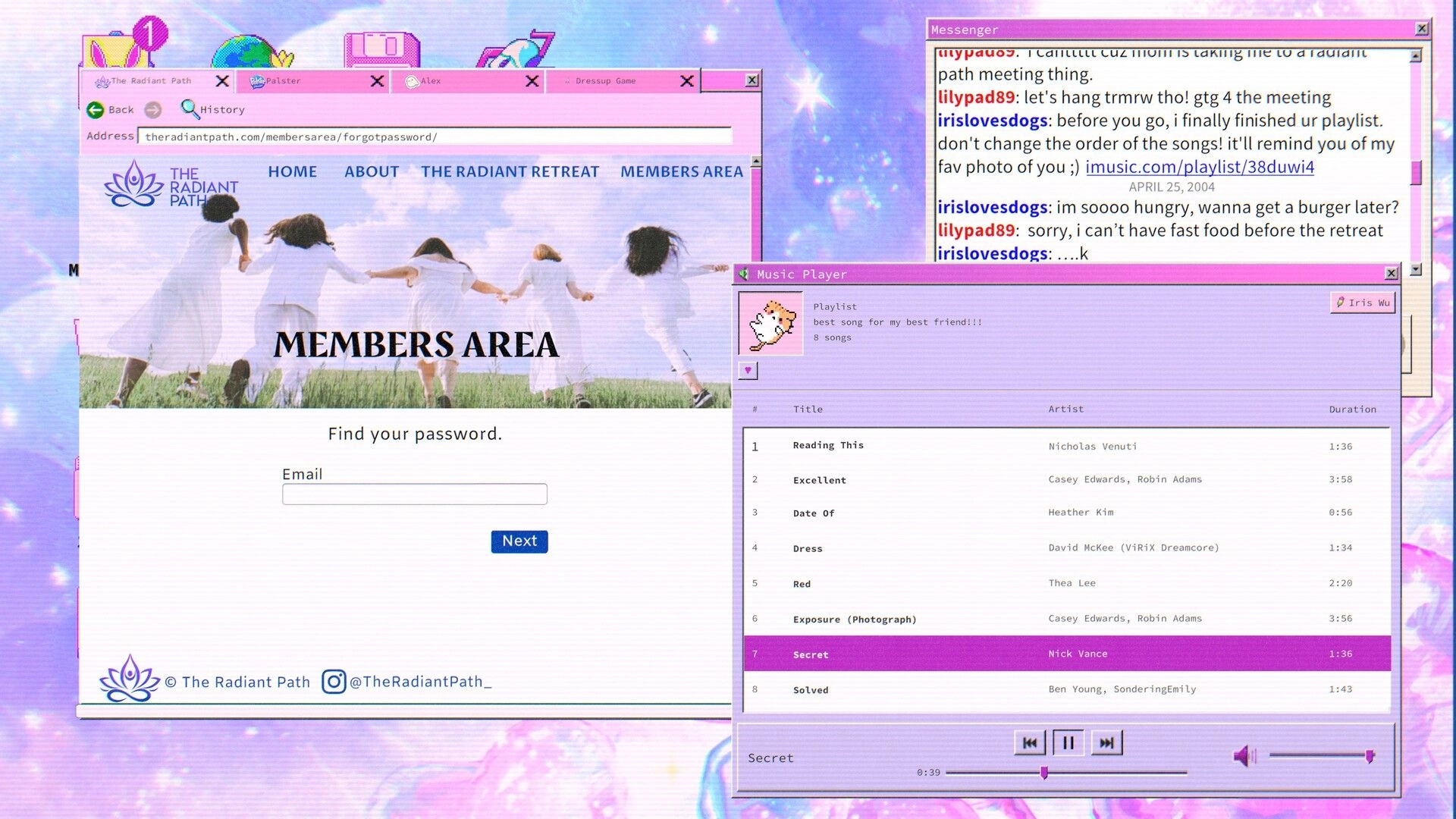 lily’s world XD: Browser on Radiant Path members password reset, chat and music player windows on desktop.