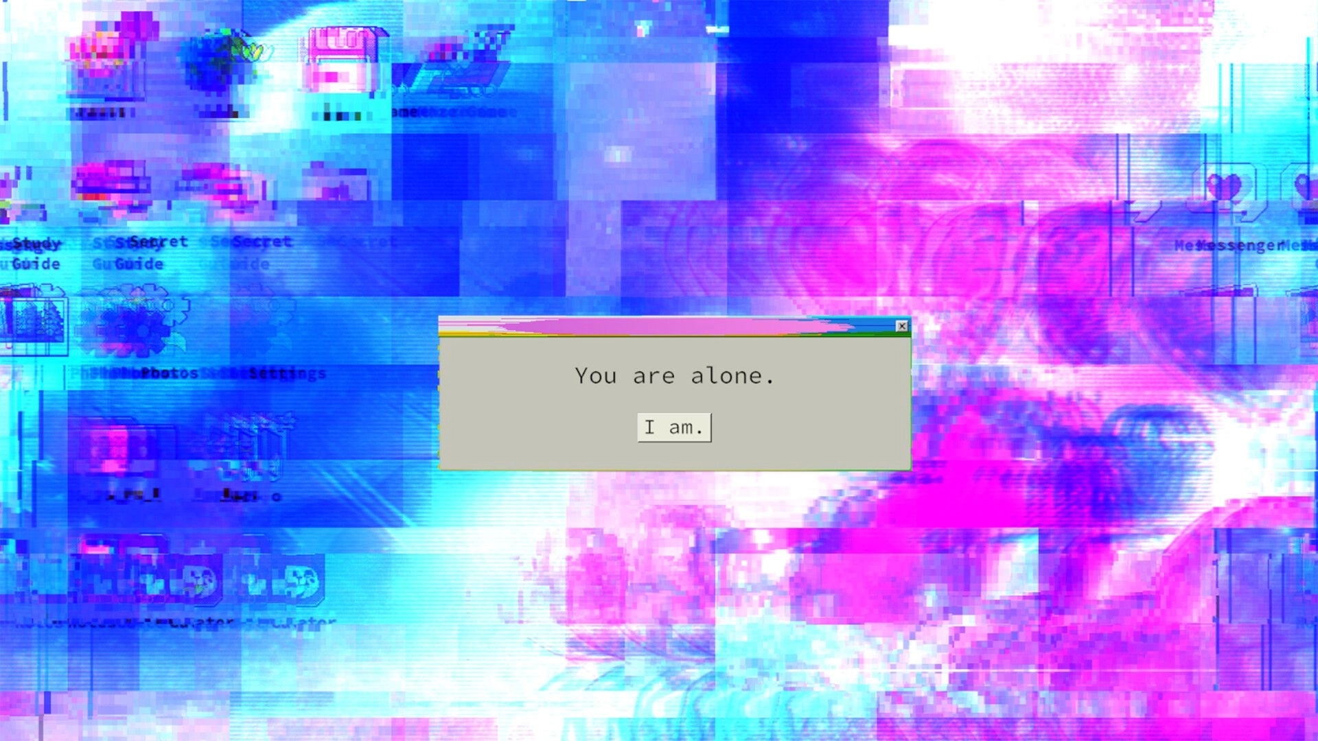 lily’s world XD: Pop-up warns “You are alone.” over glitchy desktop icons in blue-pink static haze.