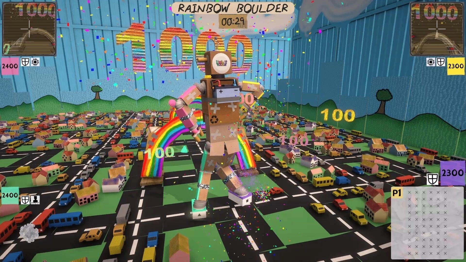 Limbot: Cardboard robot stomping through colorful cityscape with rainbow boulder and confetti effects