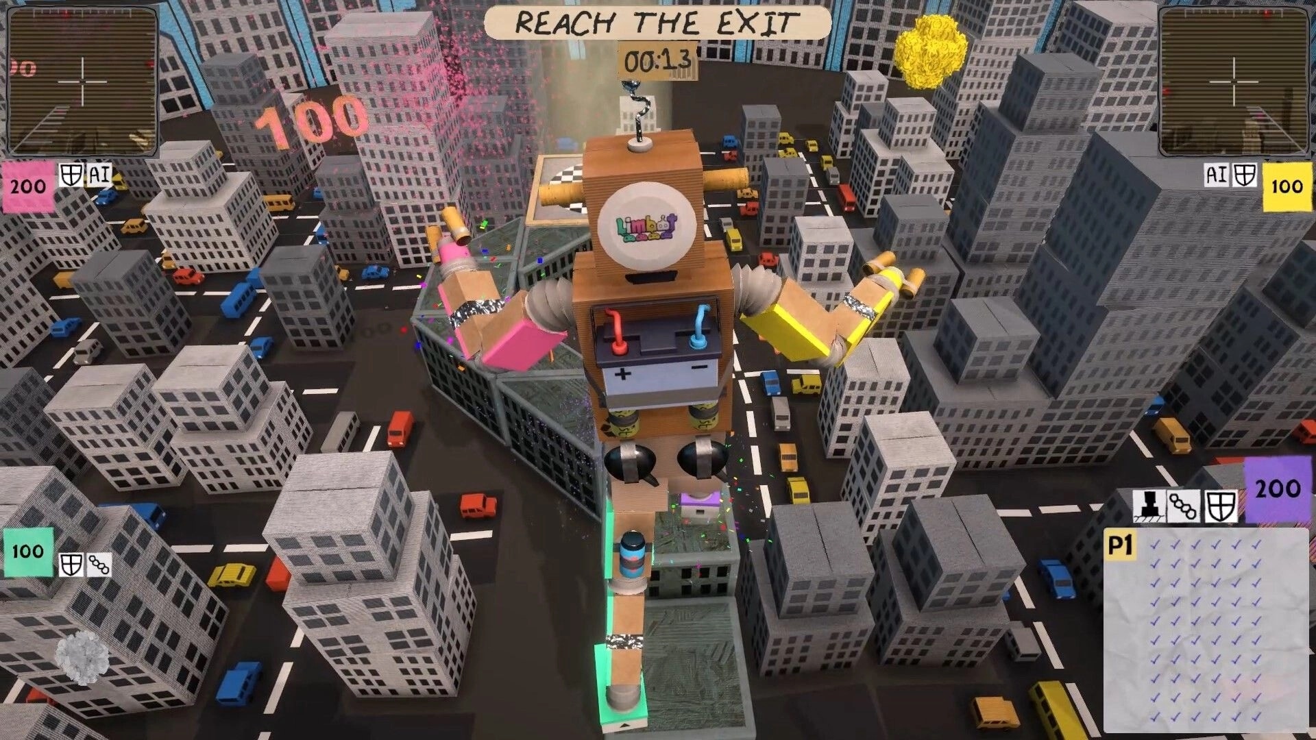 Limbot: Cardboard robot navigating cityscape, UI shows health and map, objective is "Reach the Exit"