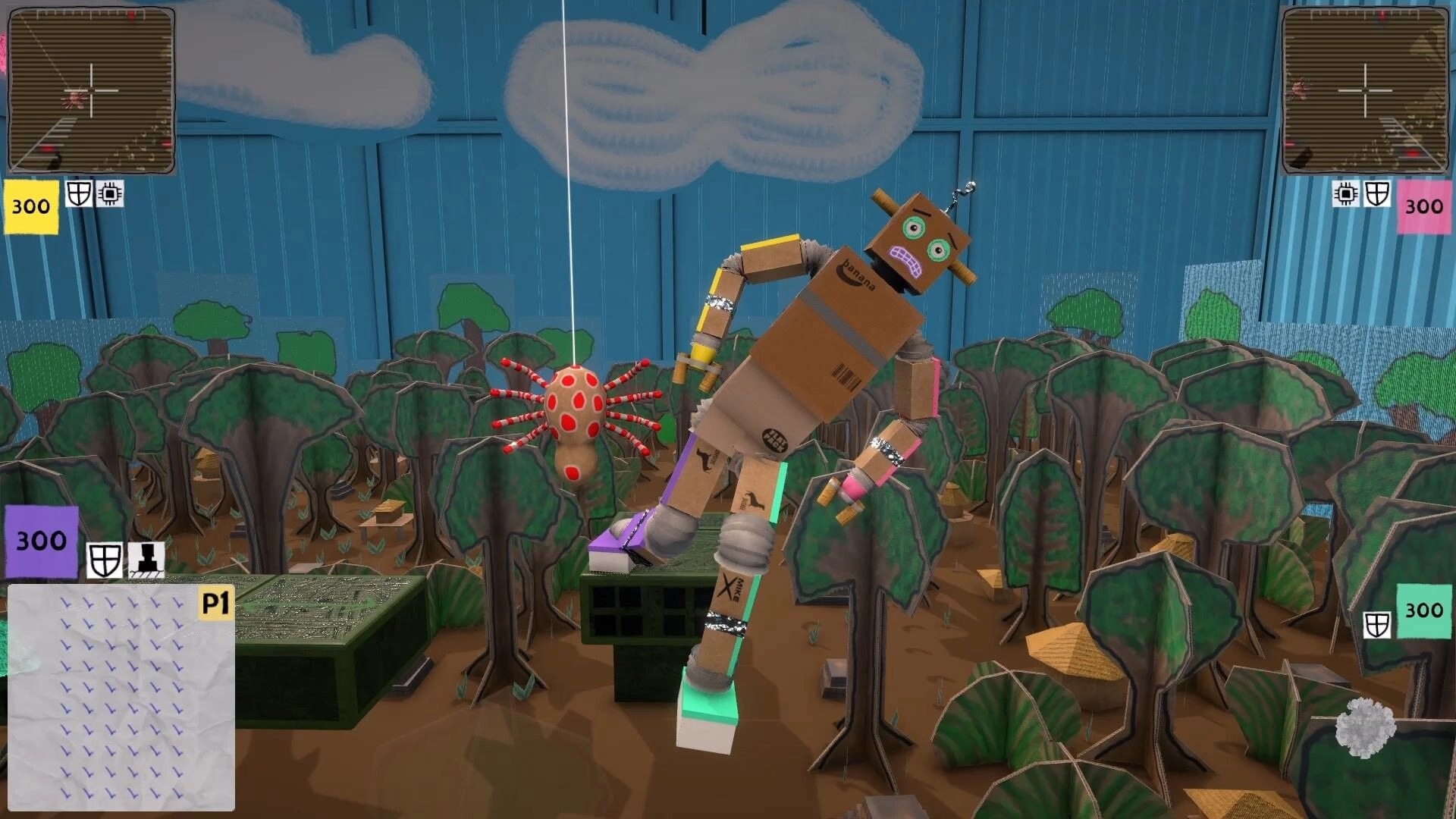 Limbot: Robot character dangles over cardboard forest with spider, UI shows health and map on screen.