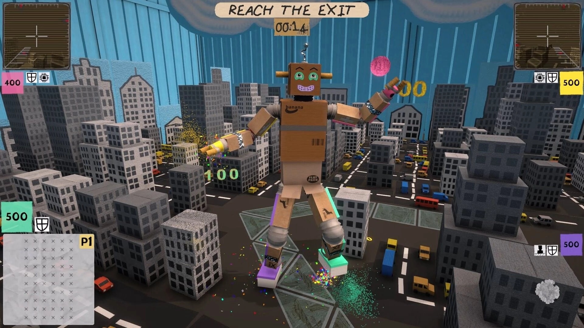 Limbot: Giant cardboard robot navigates through cityscape with timer and score UI elements visible