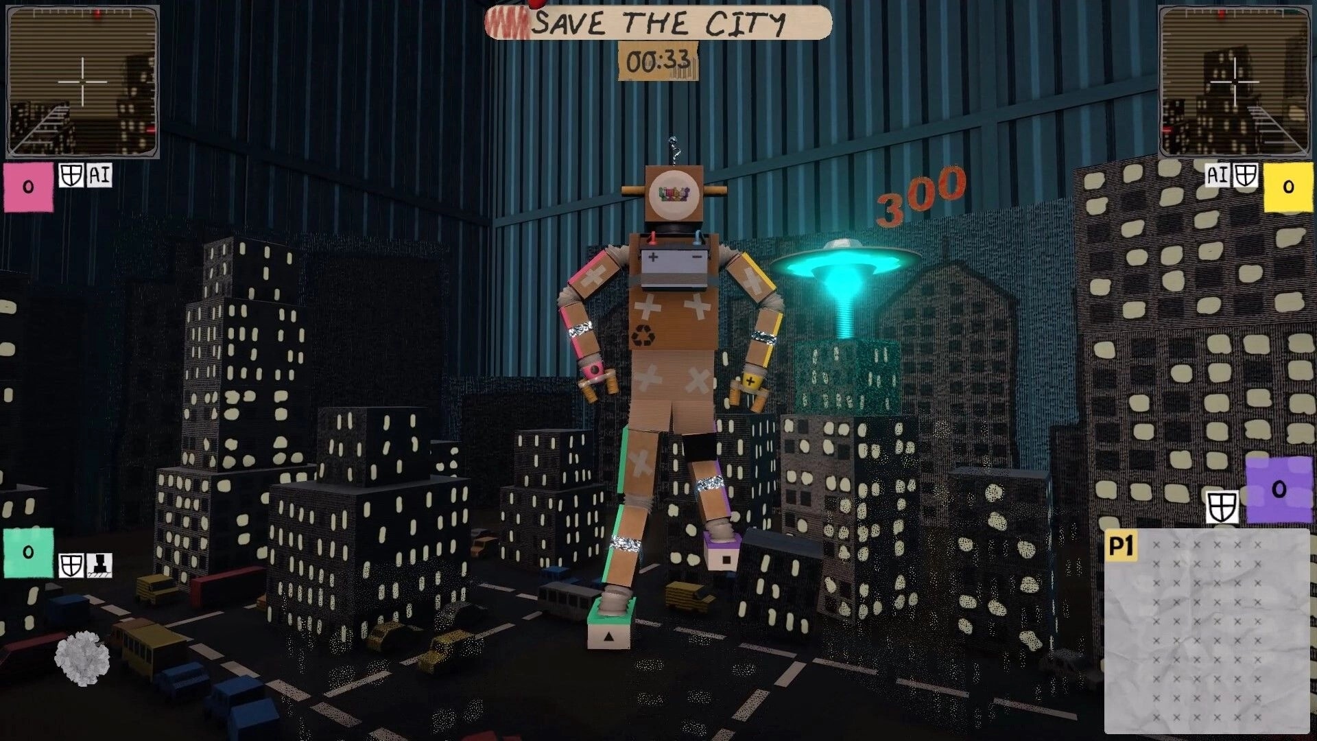 Limbot: Giant cardboard robot navigating cityscape with UFO overhead, timer and map displayed