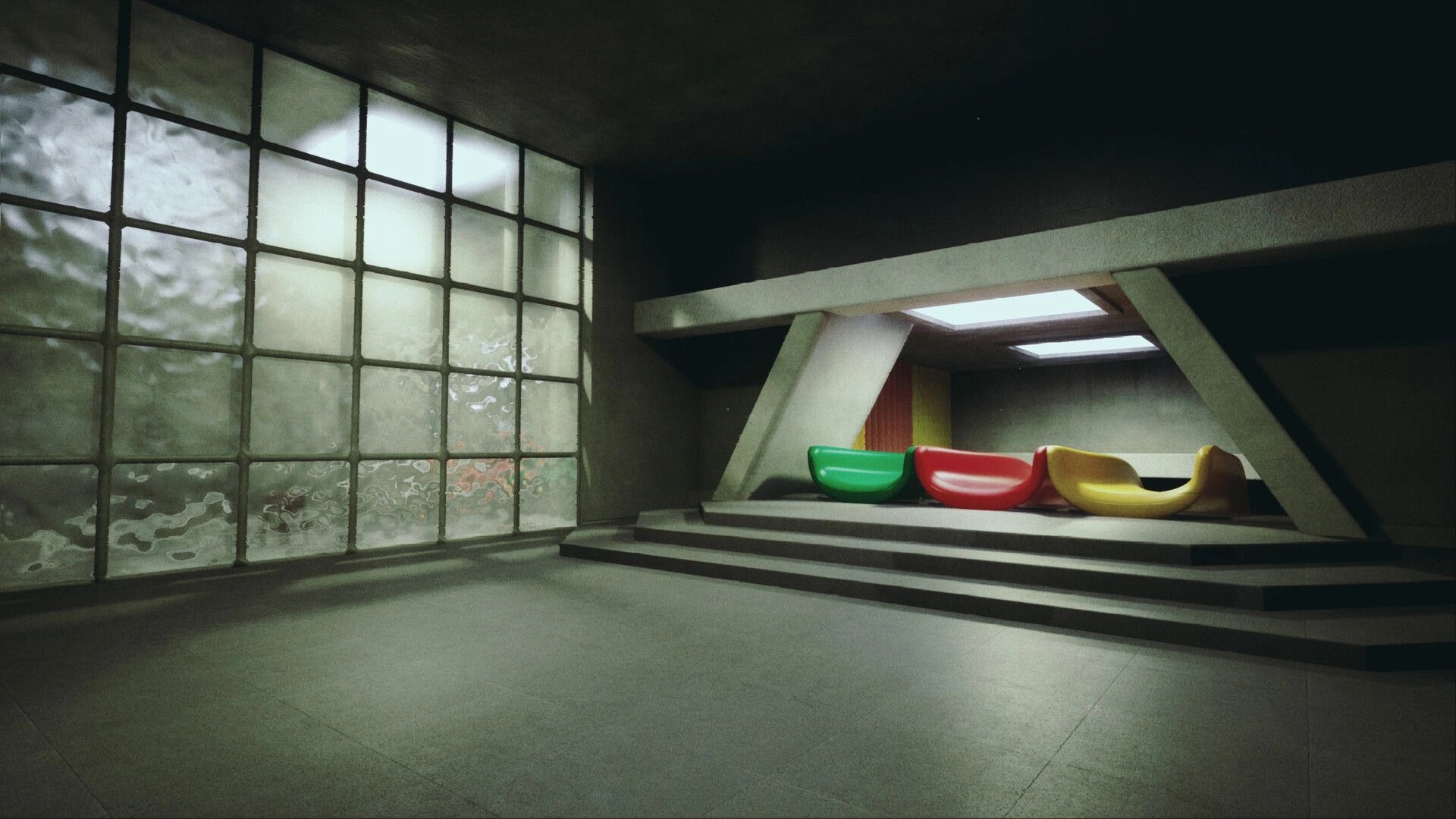 Liminal Shroud: Empty room with colorful chairs on steps, glass wall, and industrial lighting