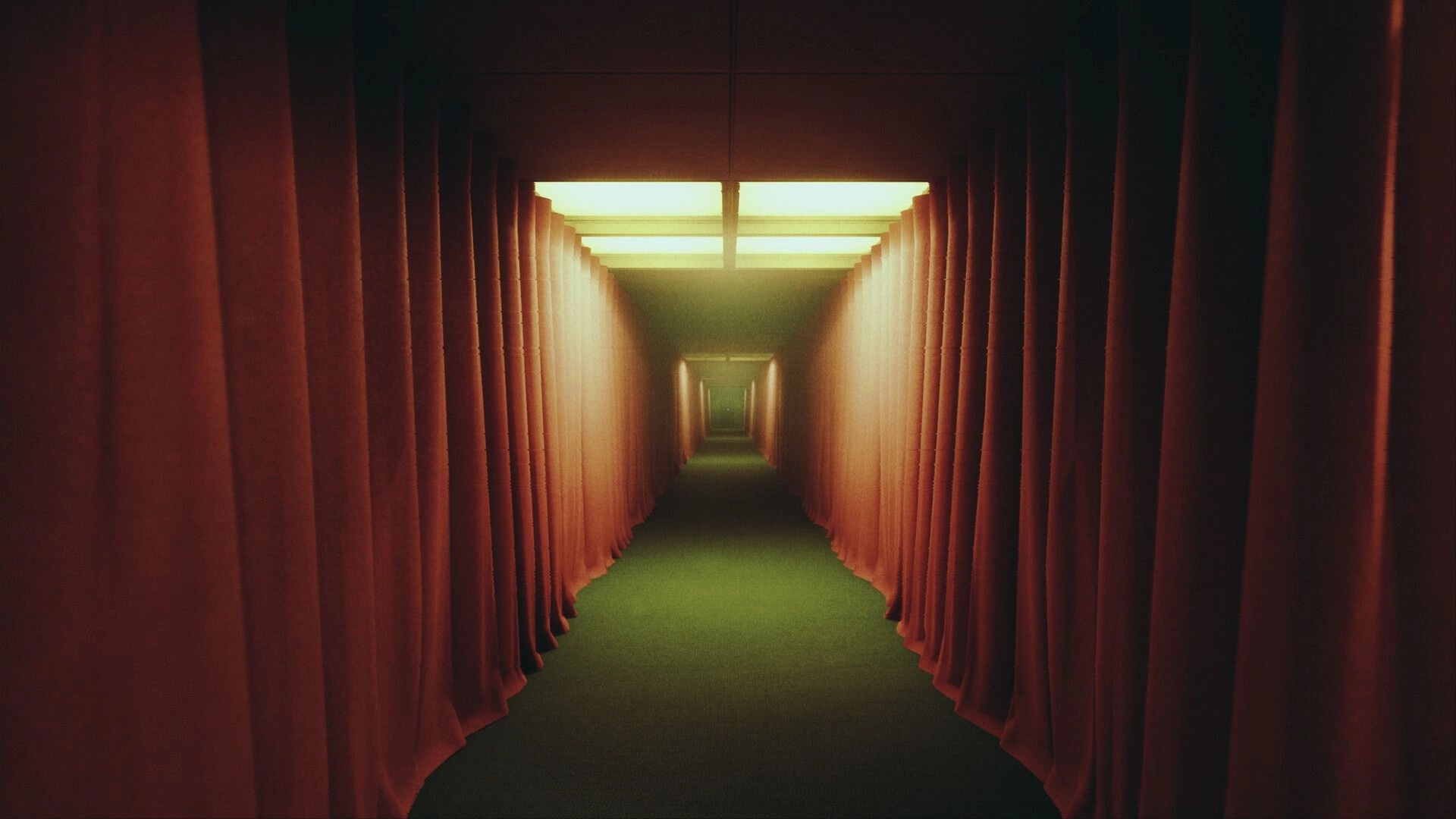 Liminal Shroud: Eerie corridor with red curtains and green carpet under dim yellow ceiling lights