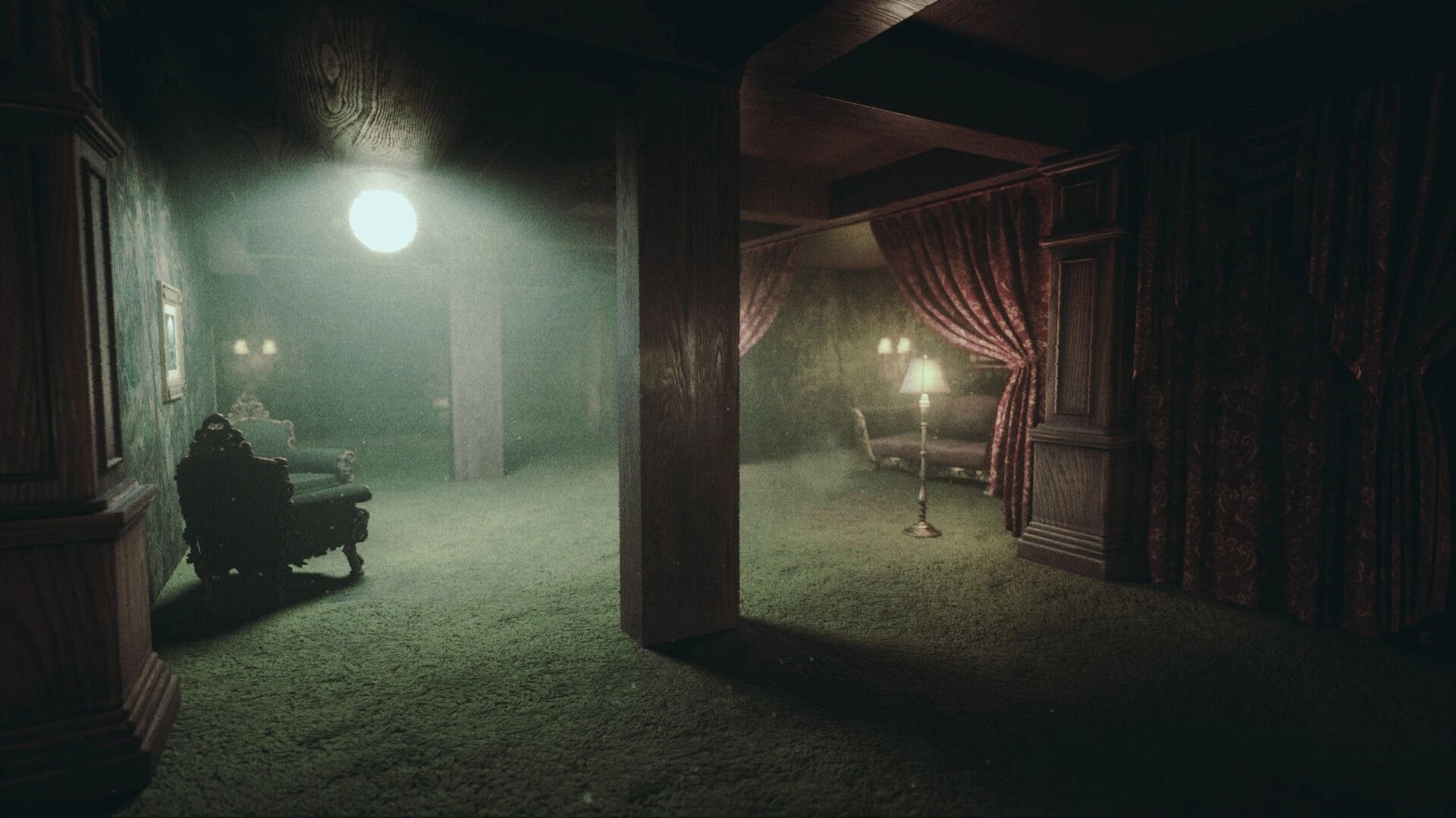 Liminal Shroud: Dimly lit room with ornate chair, green carpet, and heavy drapes in eerie atmosphere
