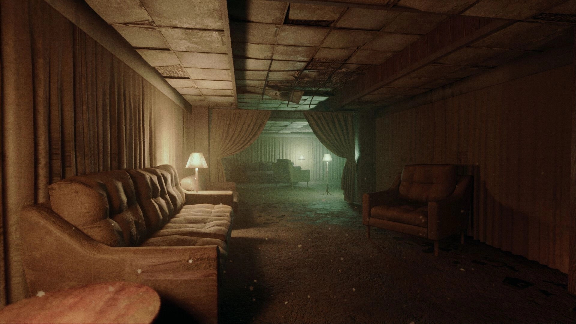 Liminal Shroud: Dimly lit lounge with red couches and green curtains in a mysterious, eerie setting
