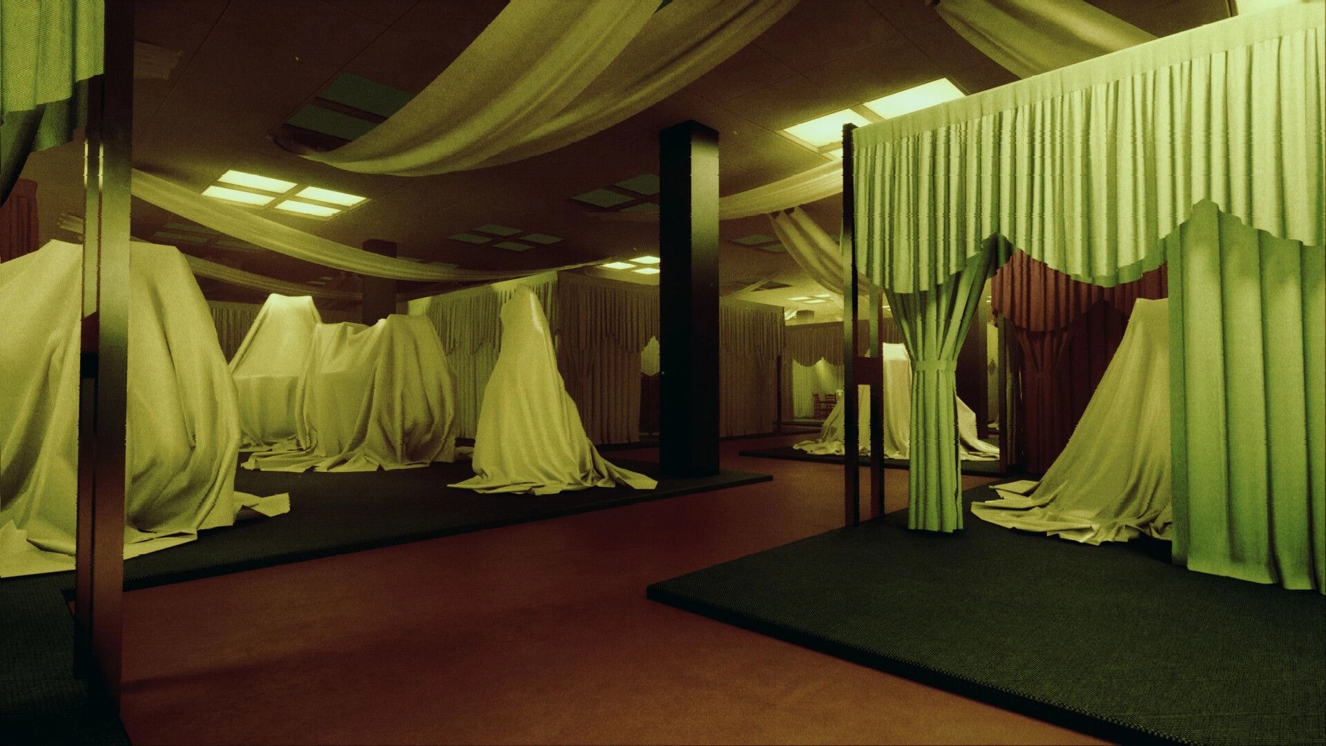 Liminal Shroud: Fabric-draped mannequins in eerie, dimly lit room with hanging cloths and columns