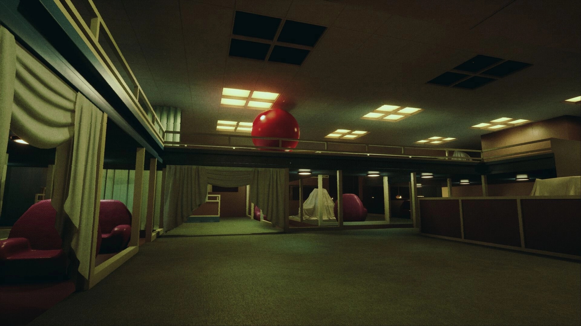 Liminal Shroud: Dimly lit office with red chairs, draped curtains, and a large red sphere overhead