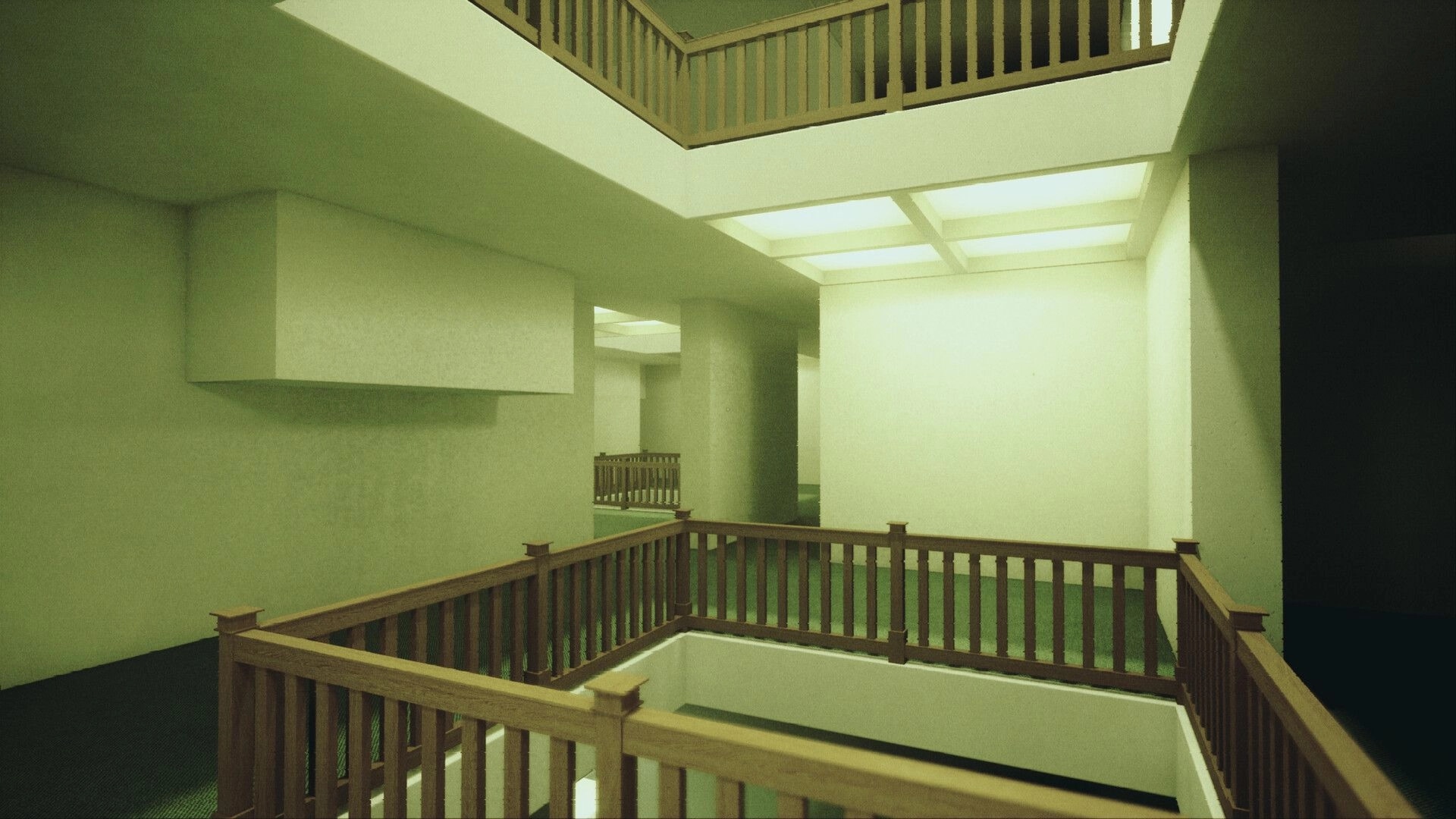 Liminal Shroud: Empty corridor with wooden railings and glowing ceiling lights in a sterile, liminal space.