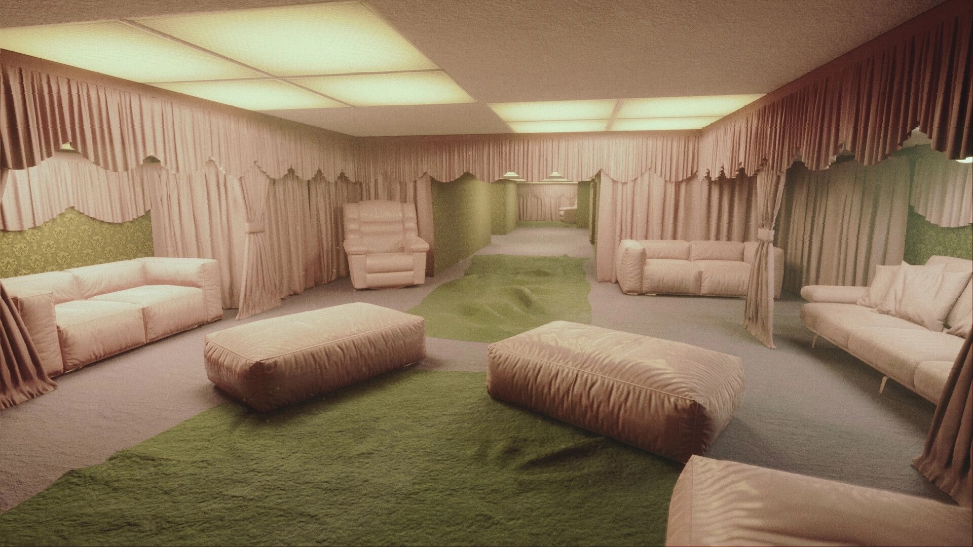 Liminal Shroud: Surreal lounge with pink sofas, curtains, and a distorted green carpeted hallway