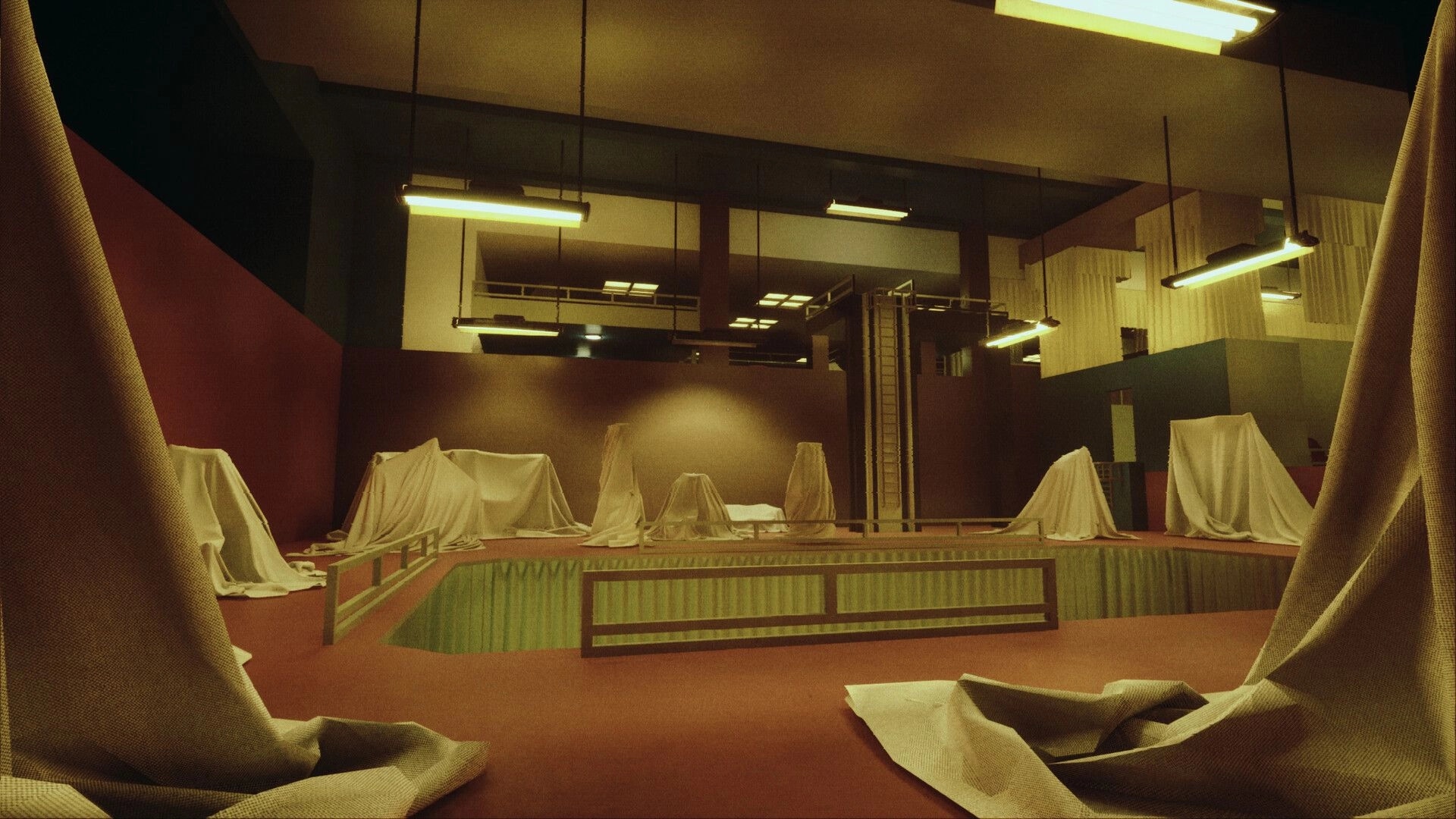 Liminal Shroud: Draped furniture in dimly lit room with industrial lighting and exposed ceiling beams