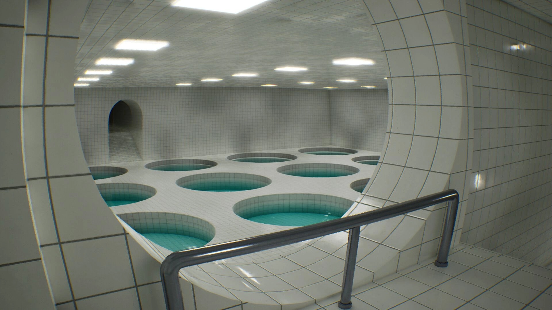LIMINOID: First-person view into tiled pool room with circular water pits and arched tunnel entrance.