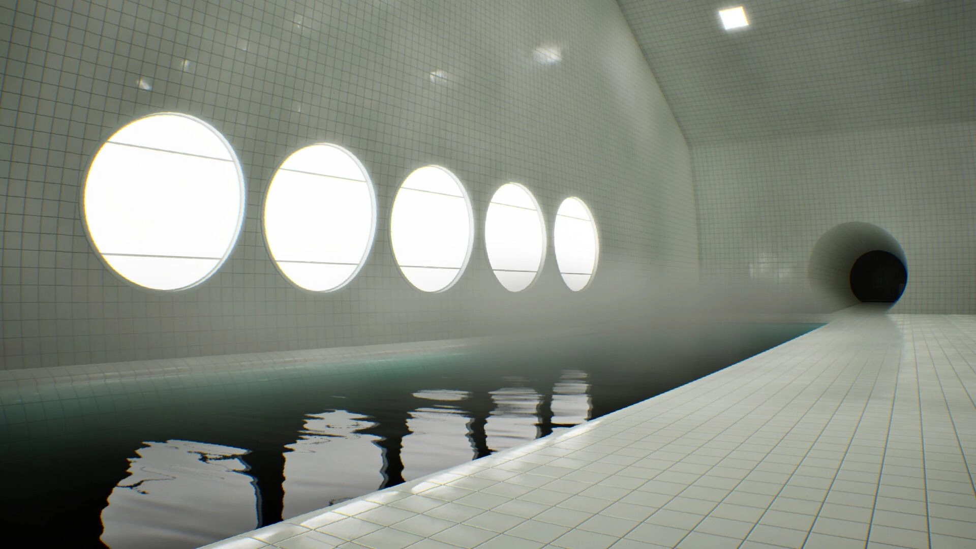 LIMINOID: First-person view of tiled pool corridor with round windows and foggy water channel ahead.