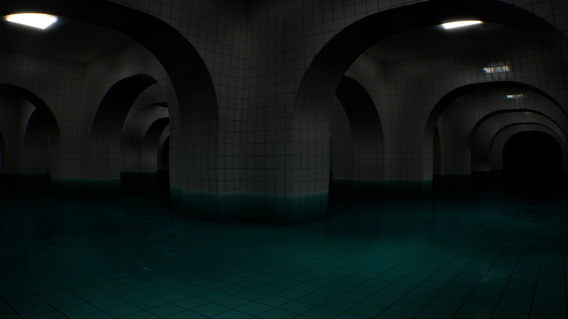 LIMINOID: First-person view down flooded tiled arches under harsh lights in a dark pool corridor.