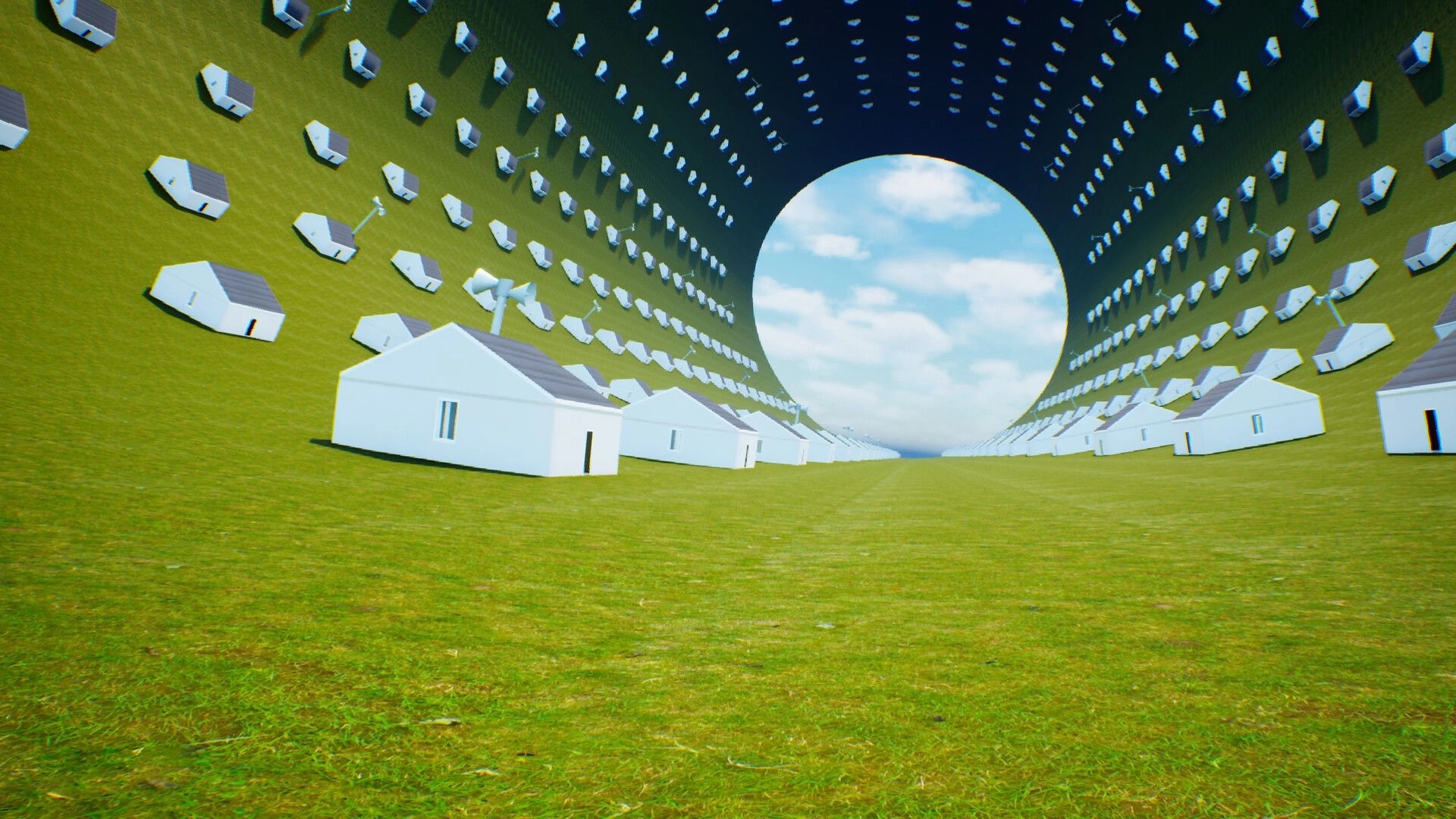 LIMINOID: Walking through a grassy corridor of floating white houses curving toward a sky portal.