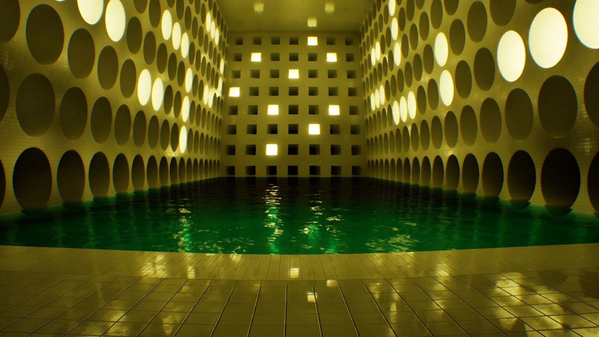 LIMINOID: First-person view of a tiled indoor pool with polka-dot walls and glowing square lights.