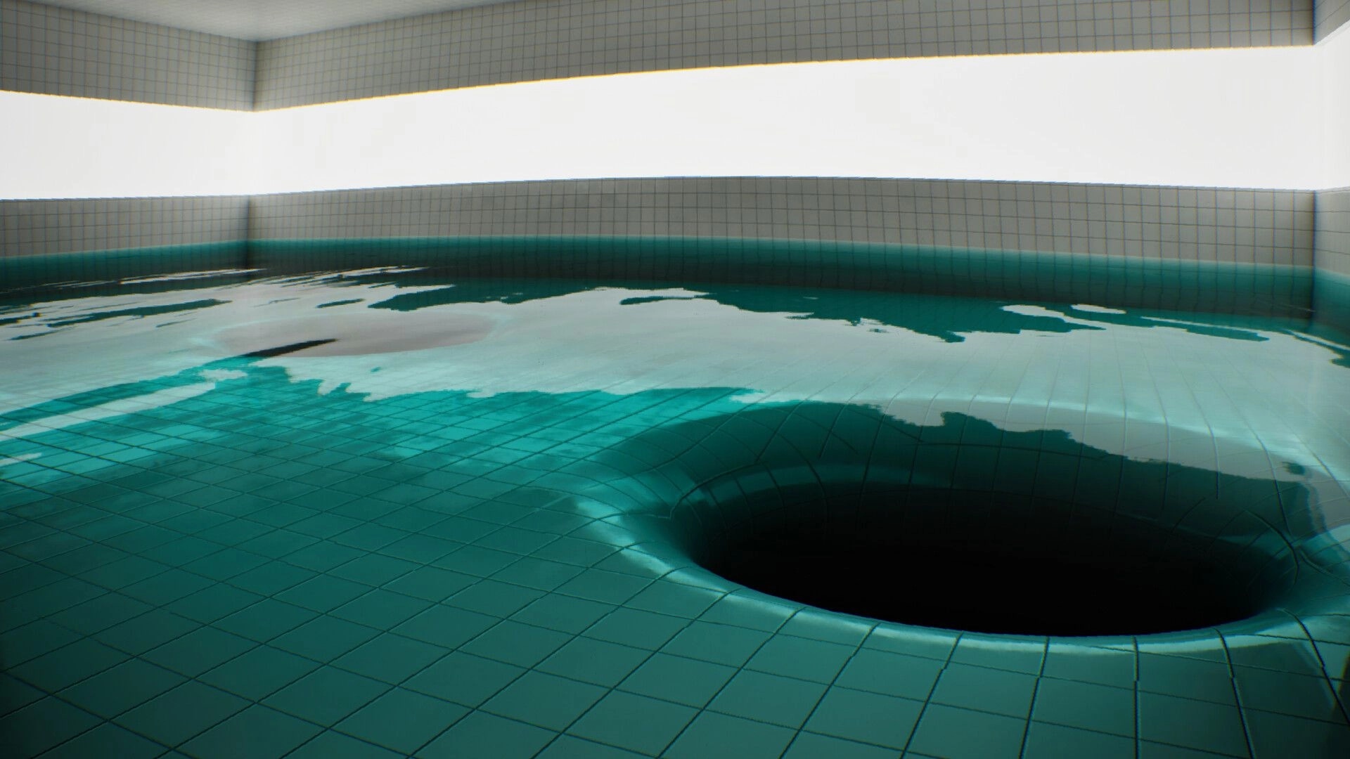 LIMINOID: First-person view of a flooded tiled room with a dark whirlpool sinkhole in the floor.