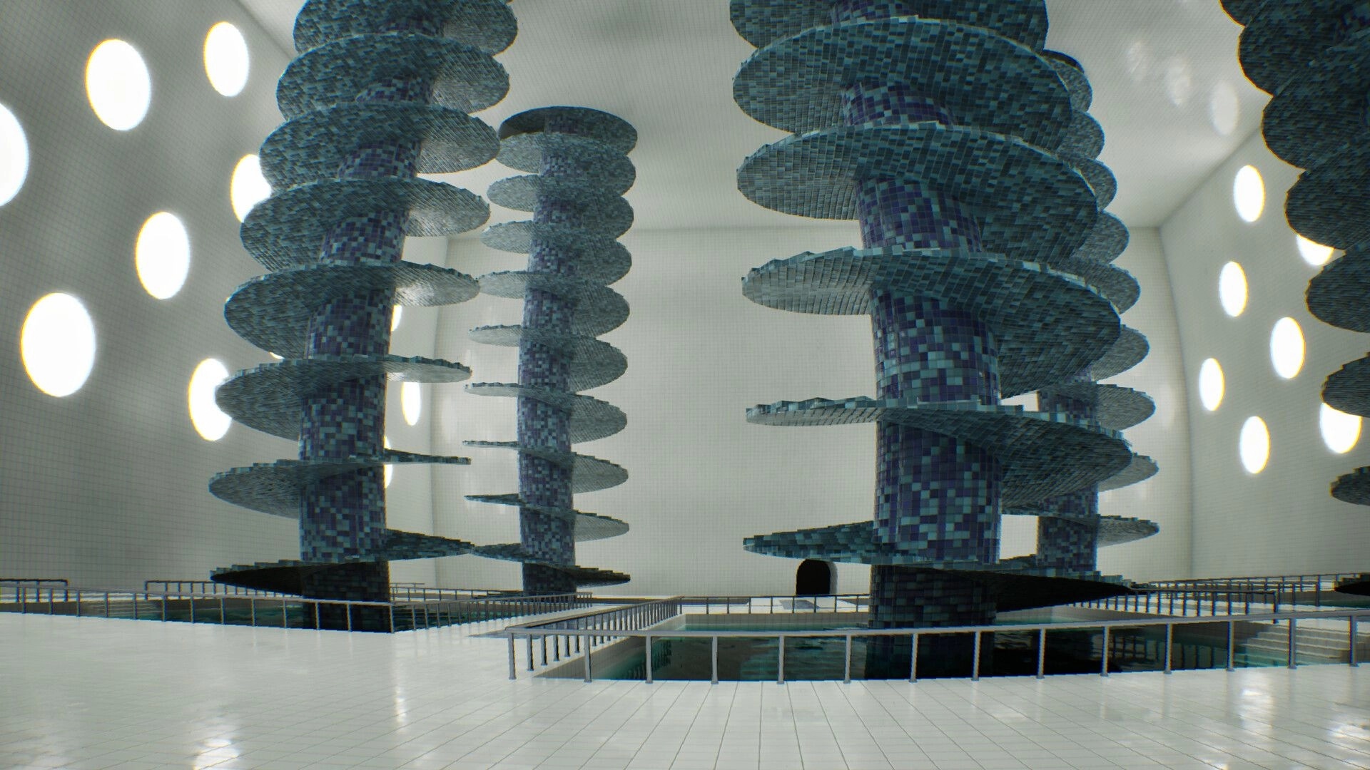 LIMINOID: First-person view of tiled spiral towers in a bright white pool hall with railings.