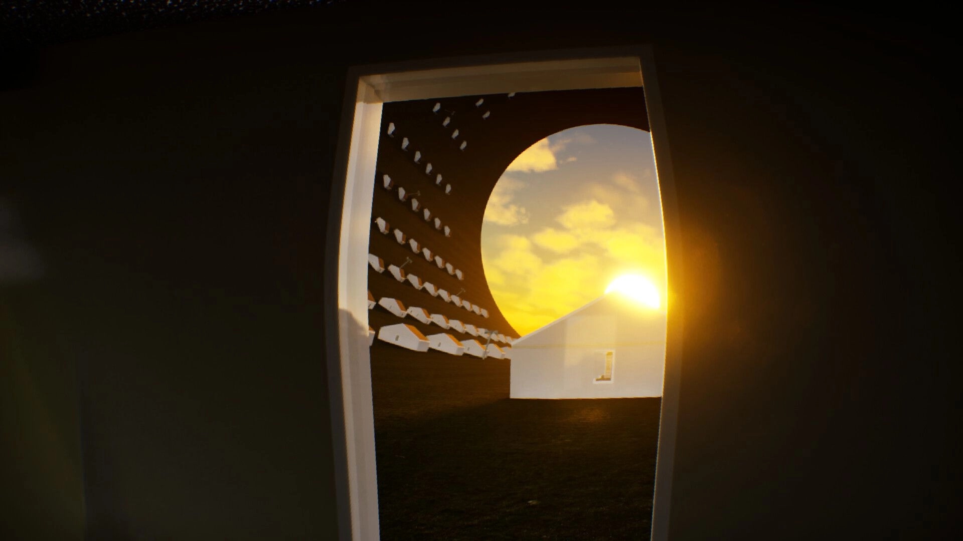 LIMINOID: First-person view through a doorway at a curved wall and white house at sunset courtyard.