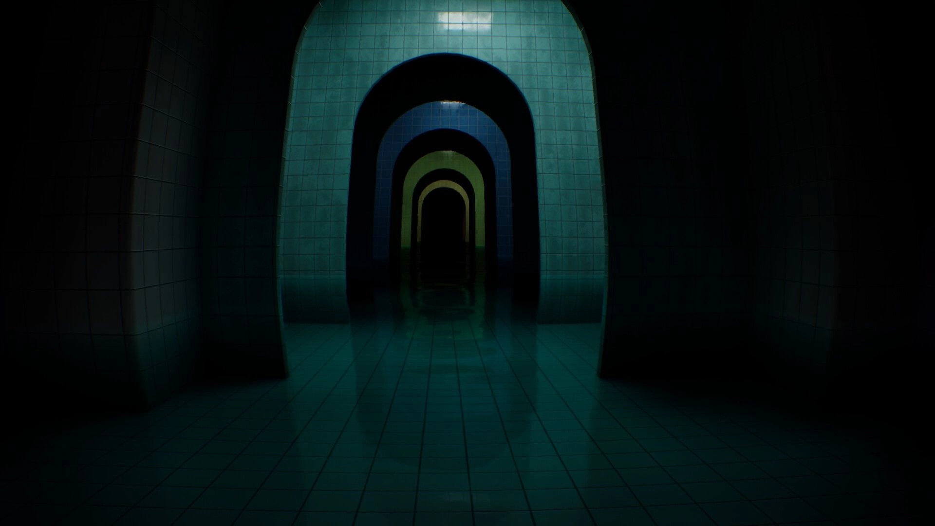 LIMINOID: First-person view down tiled corridor of repeating arches into darkness, dimly lit.