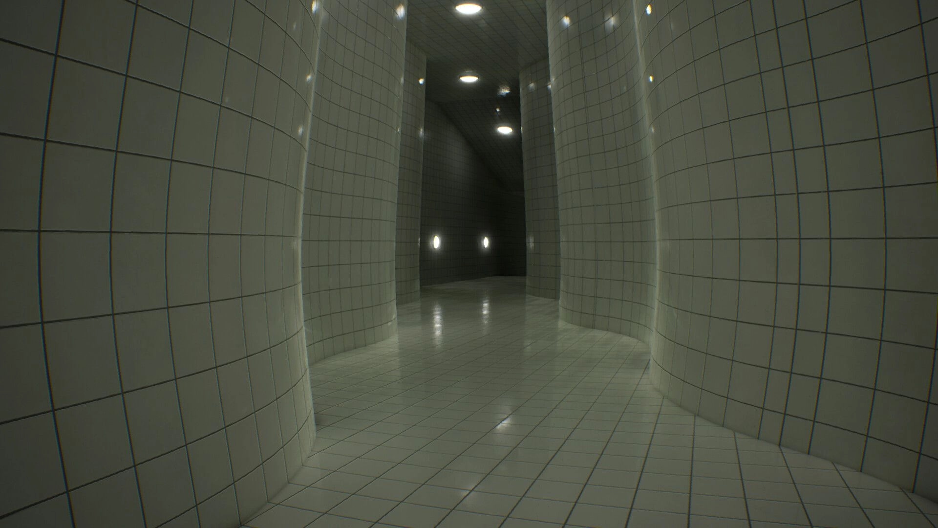 LIMINOID: First-person view down glossy tiled corridor with rounded pillars under dim ceiling lights.