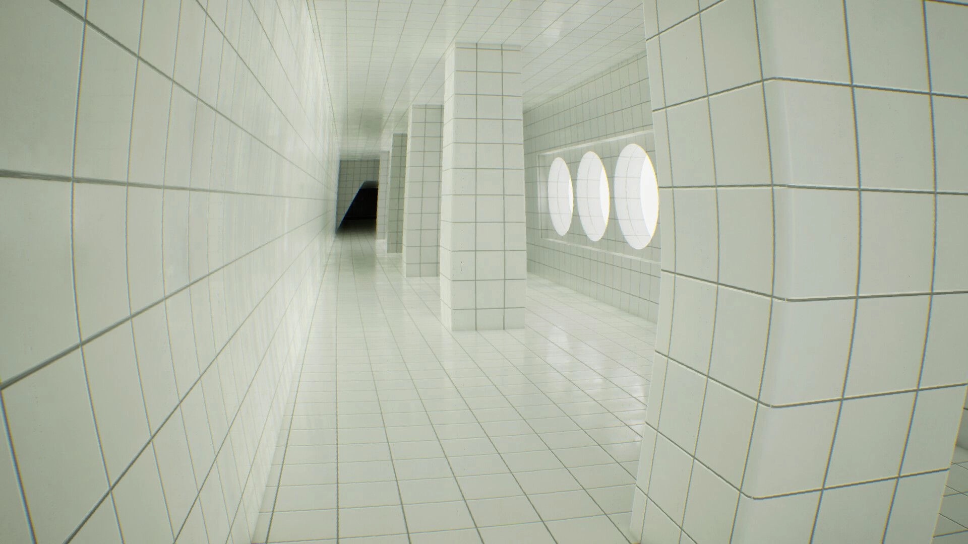 LIMINOID: First-person view down a white tiled corridor with pillars and round window lights in a maze.