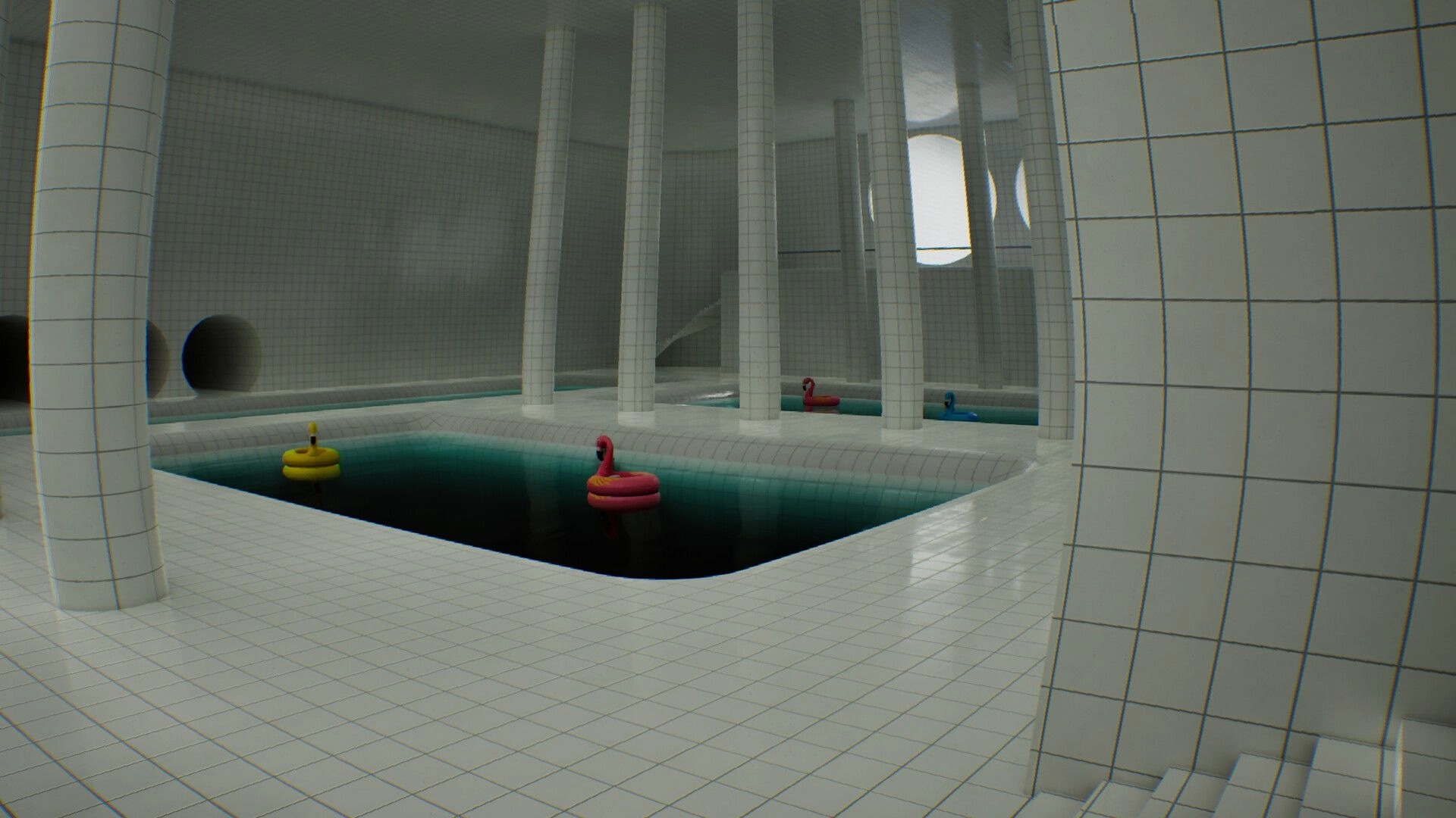 LIMINOID: First-person view of tiled indoor pools with pillars and colorful float rings in water.