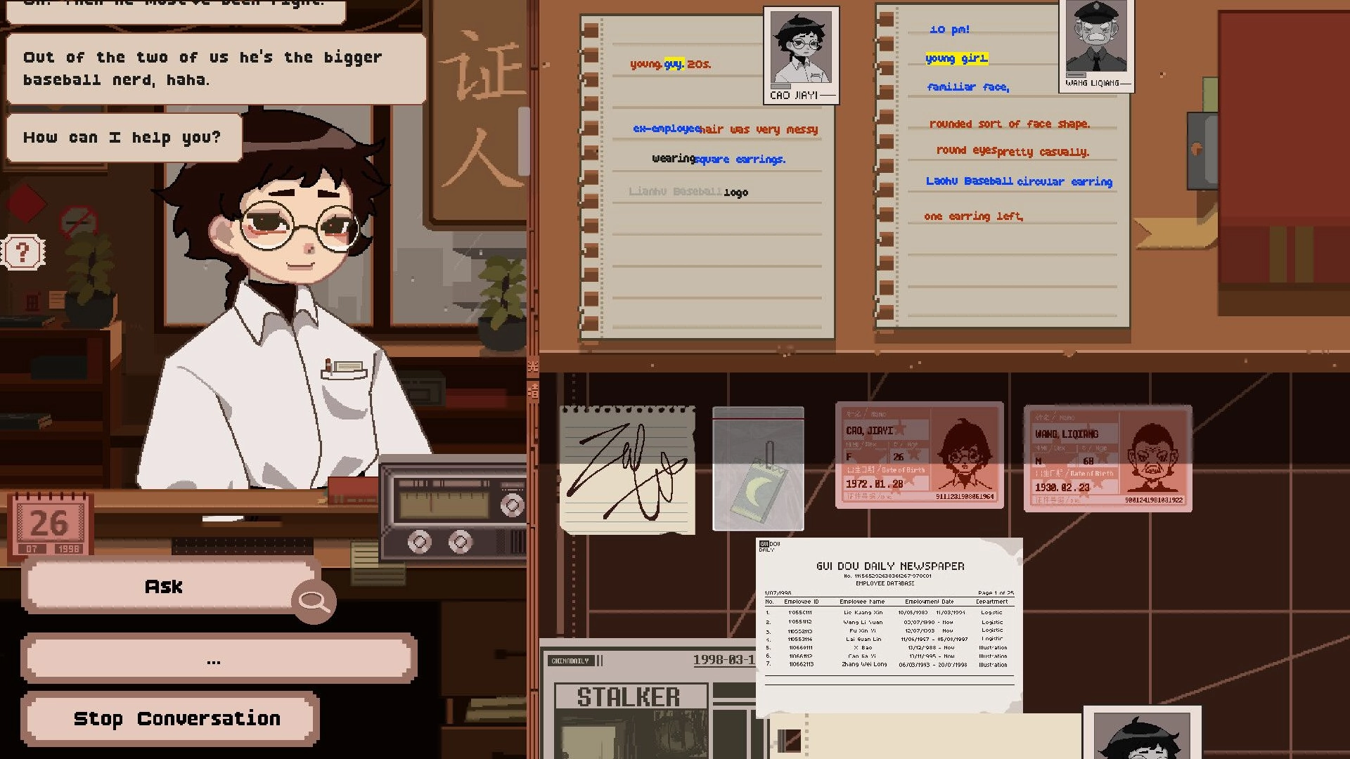 Linework: Forensic artist interviewing witness with notes and documents in a detective office setting.