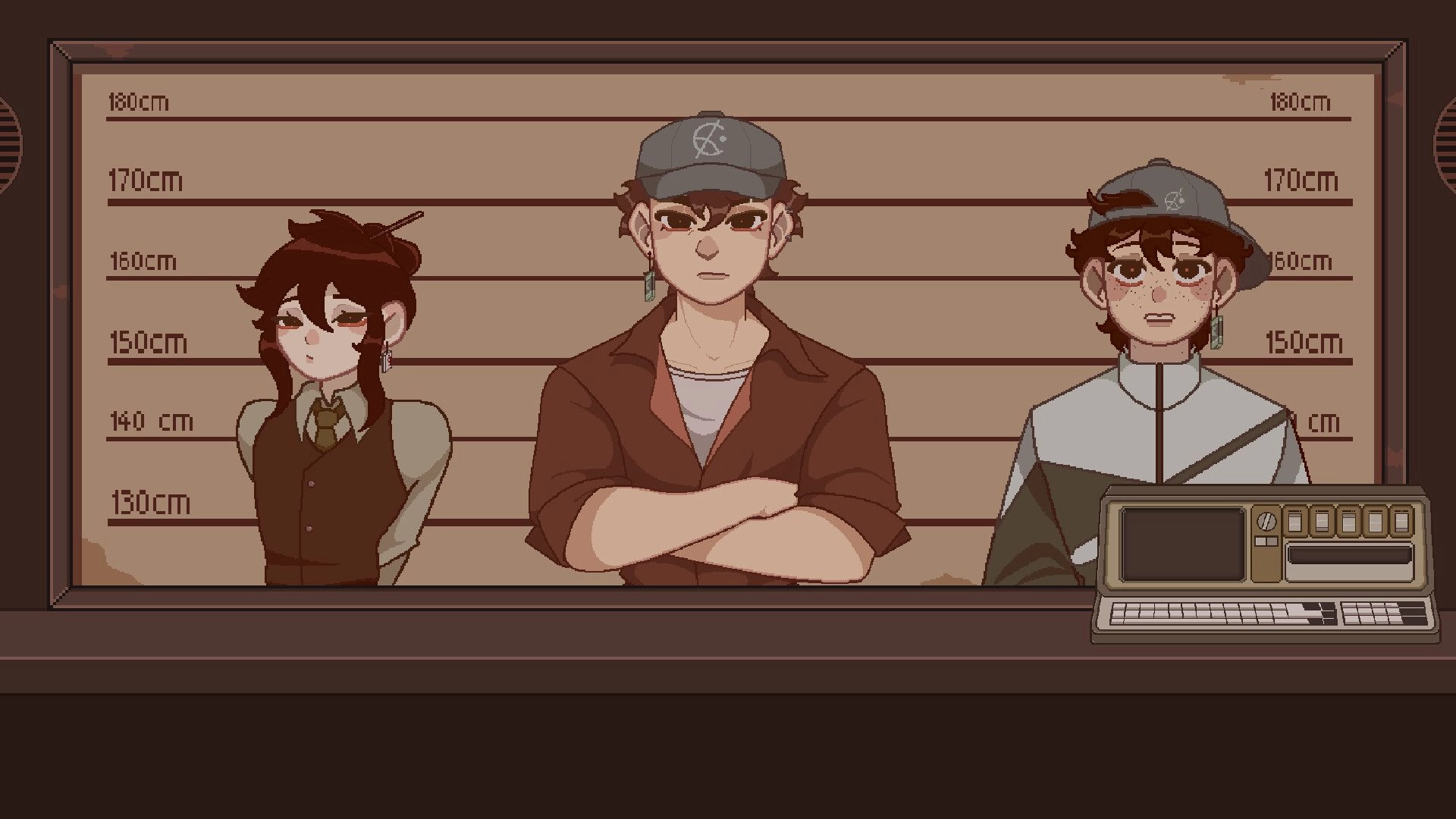 Linework: Three suspects stand in a lineup, height chart in background, with a computer interface below.