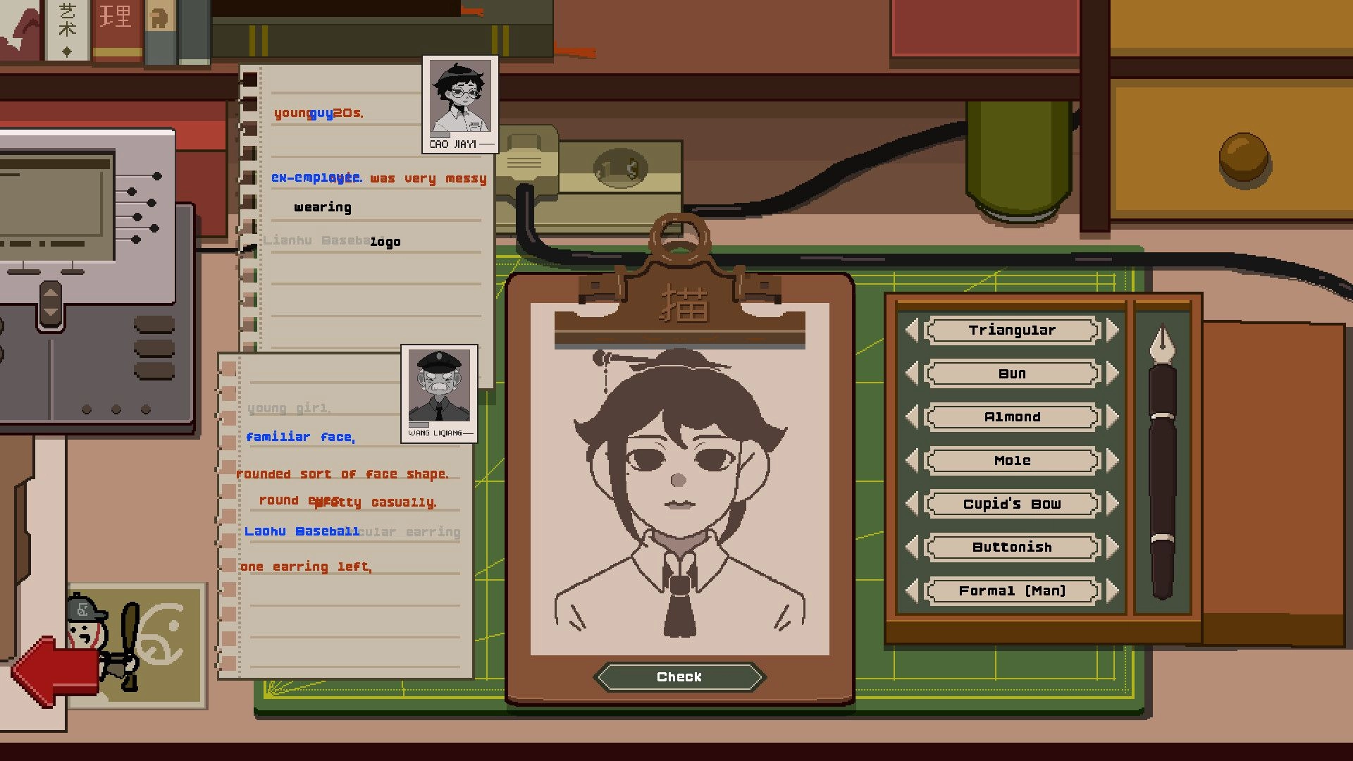 Linework: Sketch of suspect with selectable features in a detective notebook interface on a desk