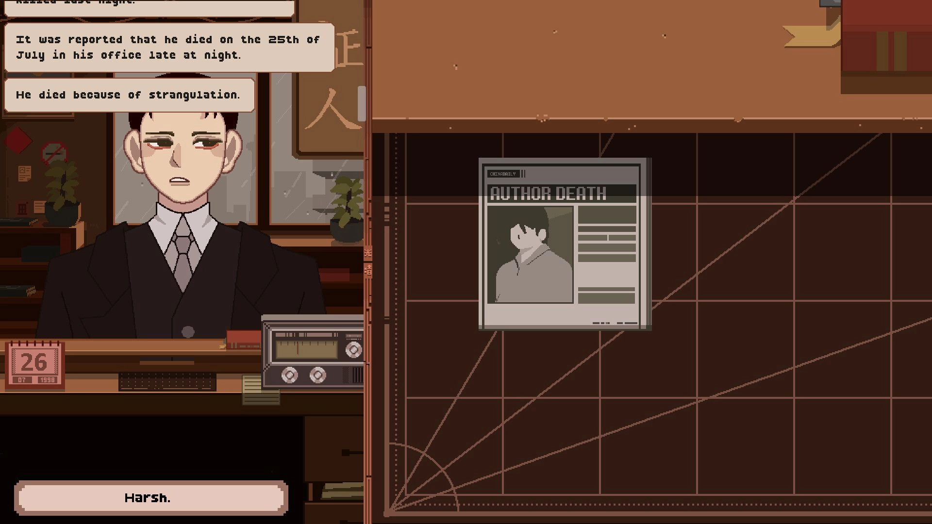 Linework: Detective interviews suspect in office, evidence board displaying "Author Death" case file.