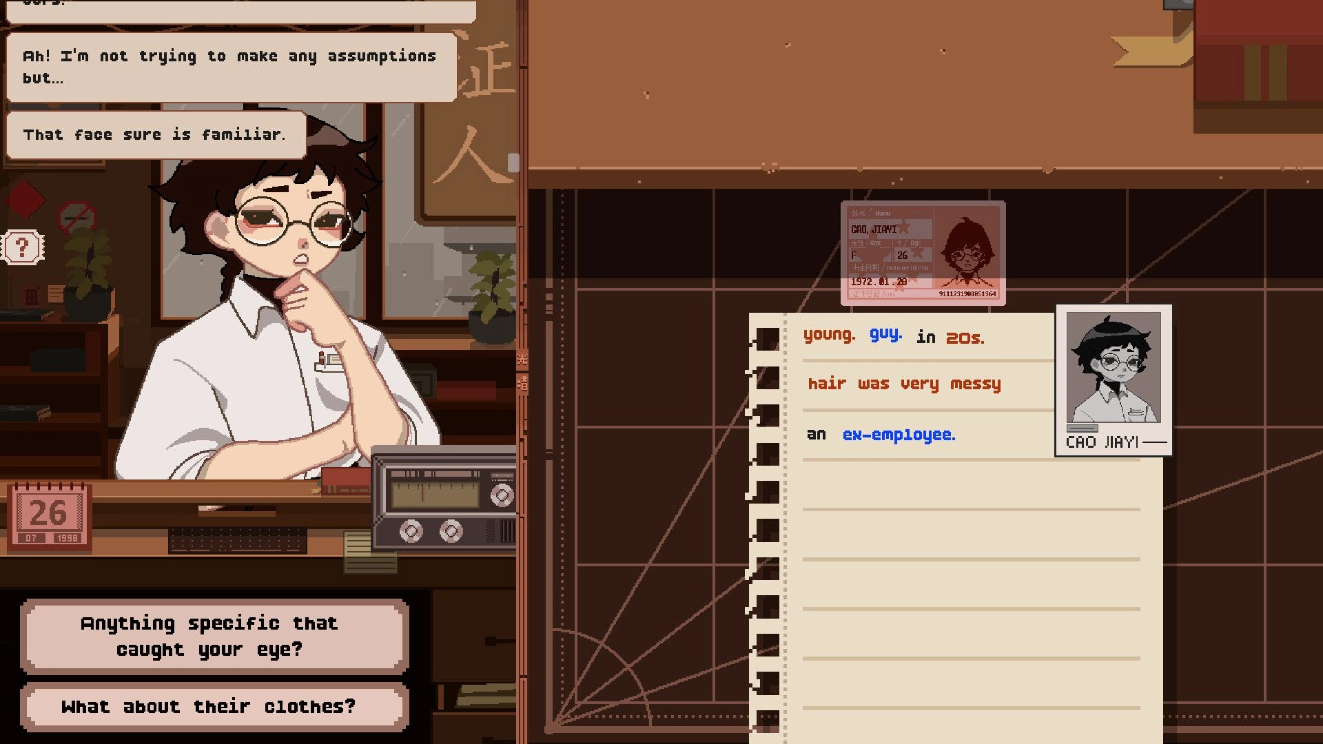 Linework: Forensic artist Cao Jiayi interviews witness; office setting with notes and ID card visible.