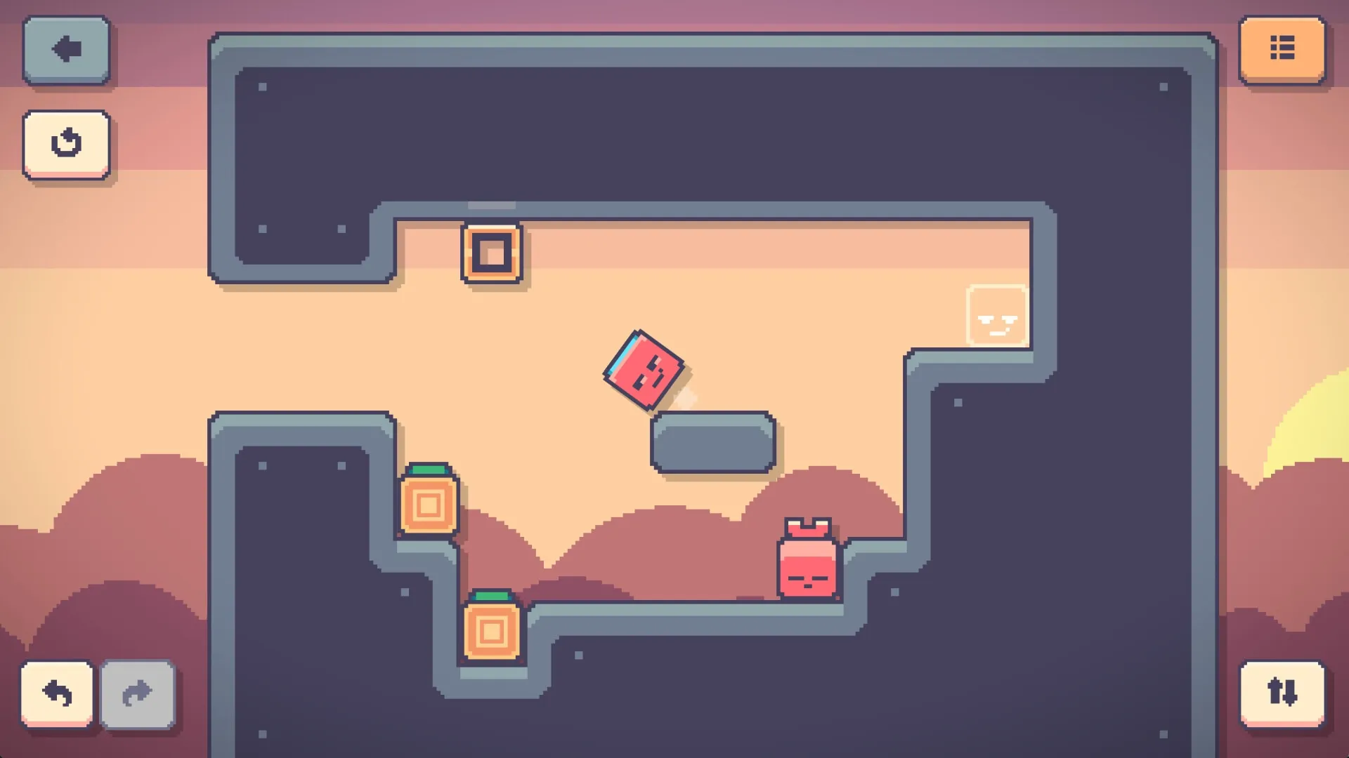 Linksider: Red character with side effects navigating a blocky puzzle chamber with sunset backdrop