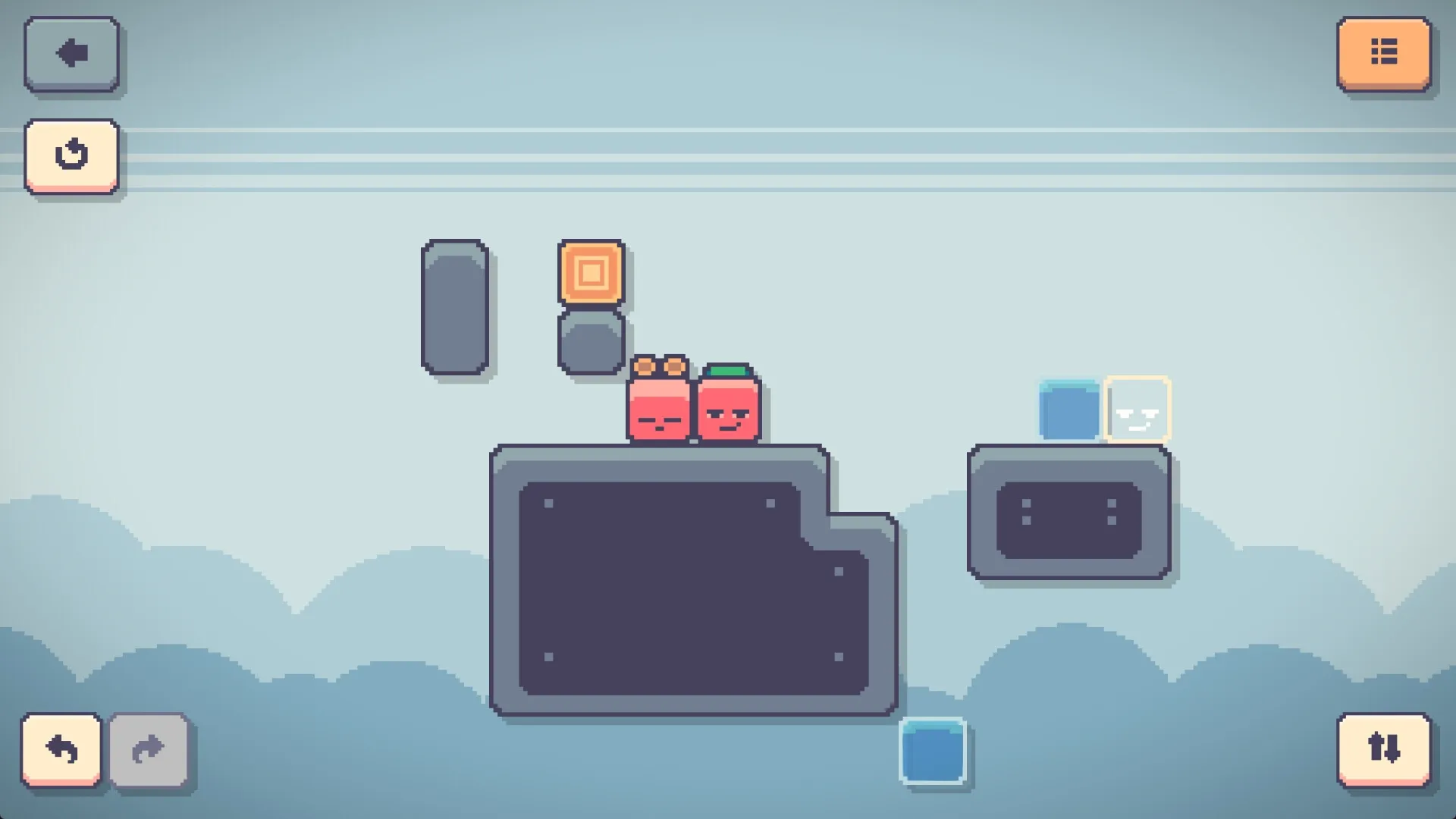 Linksider: Two characters with different headgear on platforms; background with floating blocks and clouds
