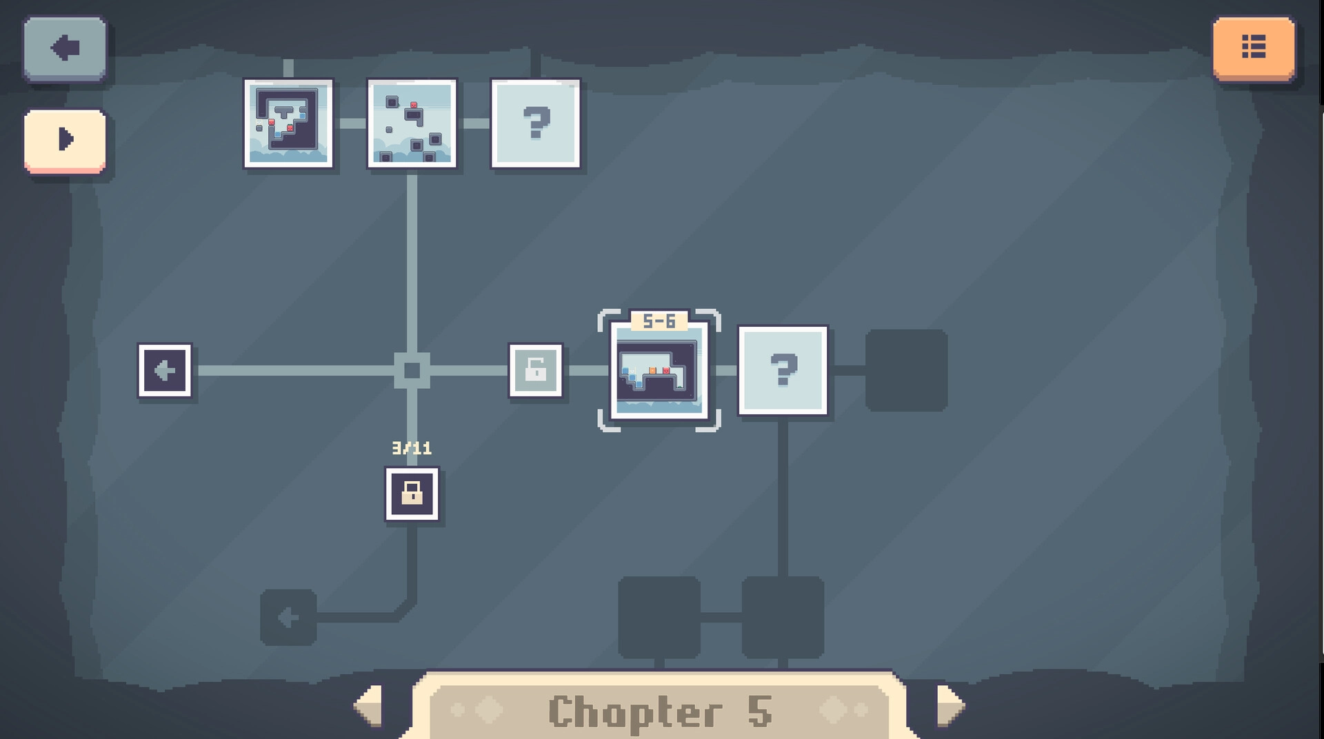 Linksider: Chapter 5 level selection screen with nodes, arrows, and play button in dark interface