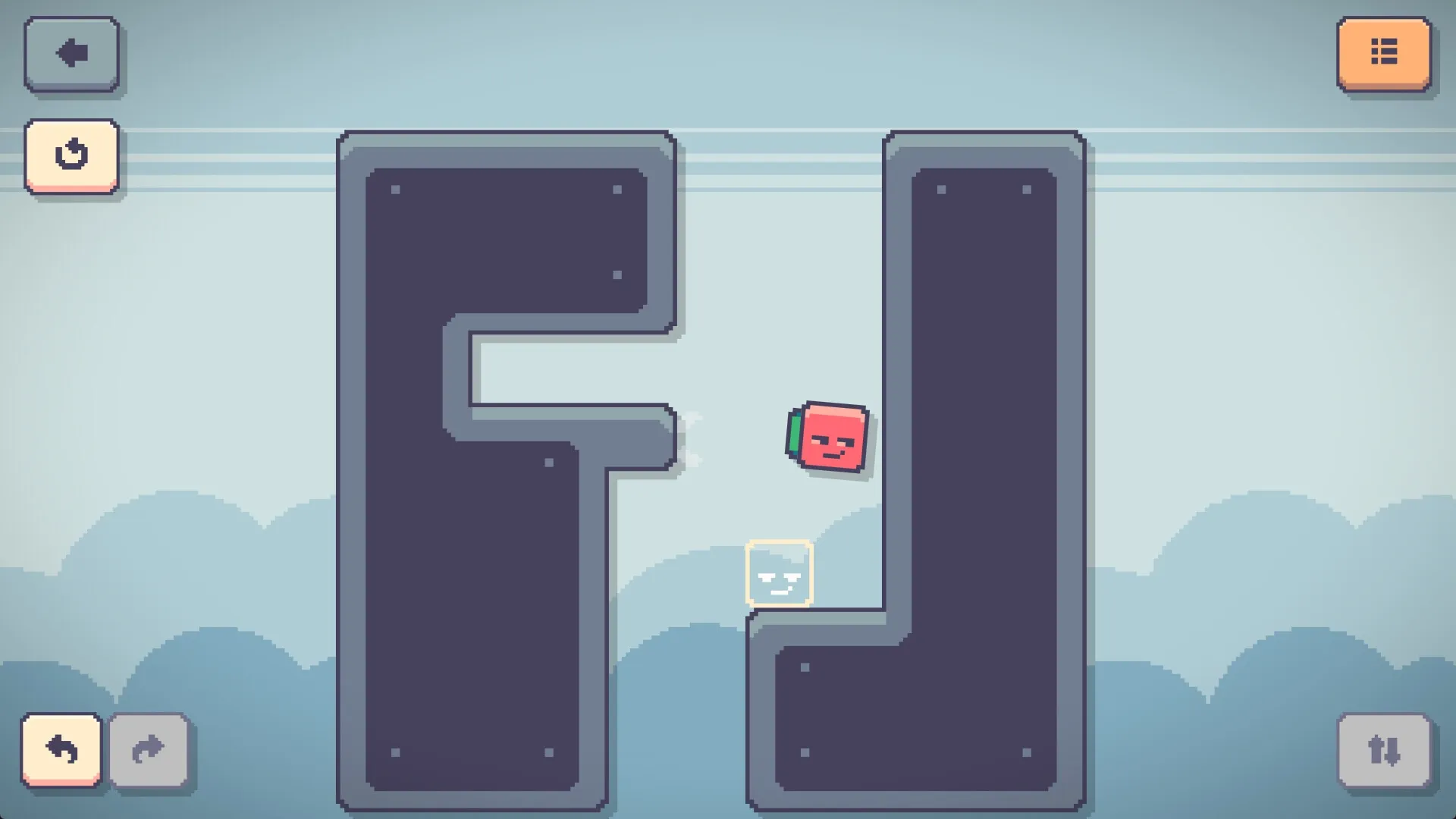 Linksider: Red block character navigating maze with UI elements for restart and settings in a cloudy backdrop.