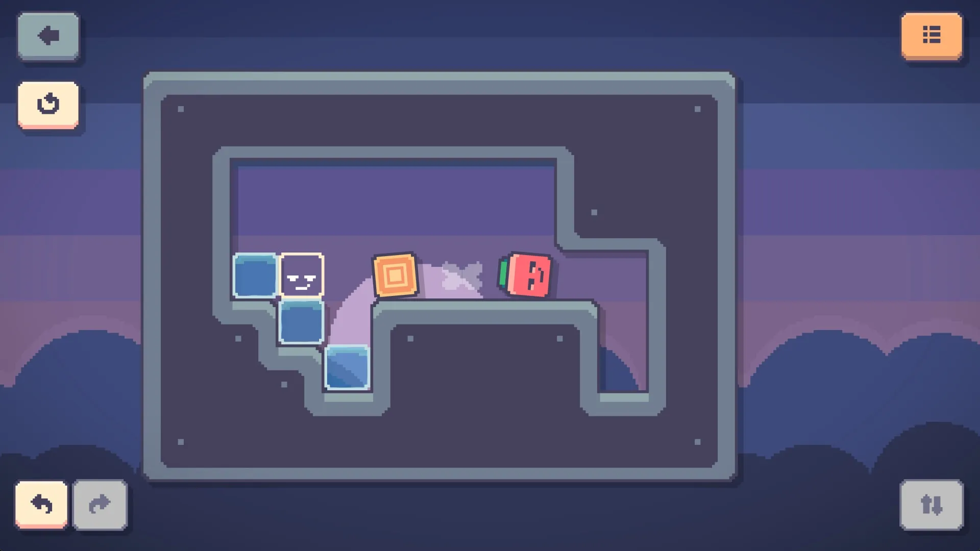 Linksider: Puzzle platform with colorful blocks navigating a maze-like structure, UI buttons visible