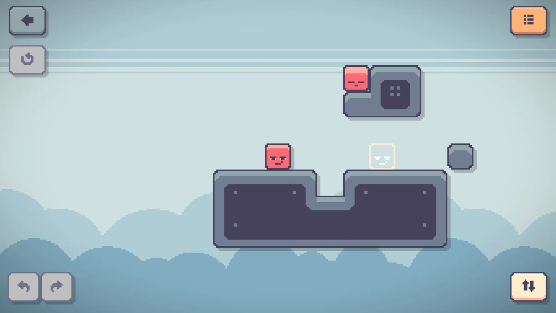 Linksider: Two red block characters on platforms with control buttons in a sky-themed puzzle setting