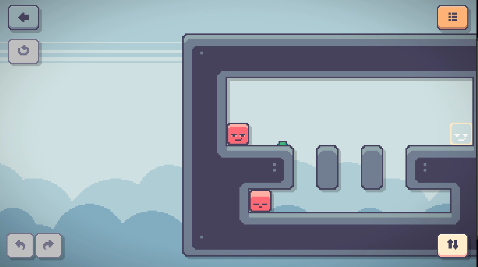 Linksider: Two red blocks navigate a platform maze with control buttons displayed in a cloud backdrop.